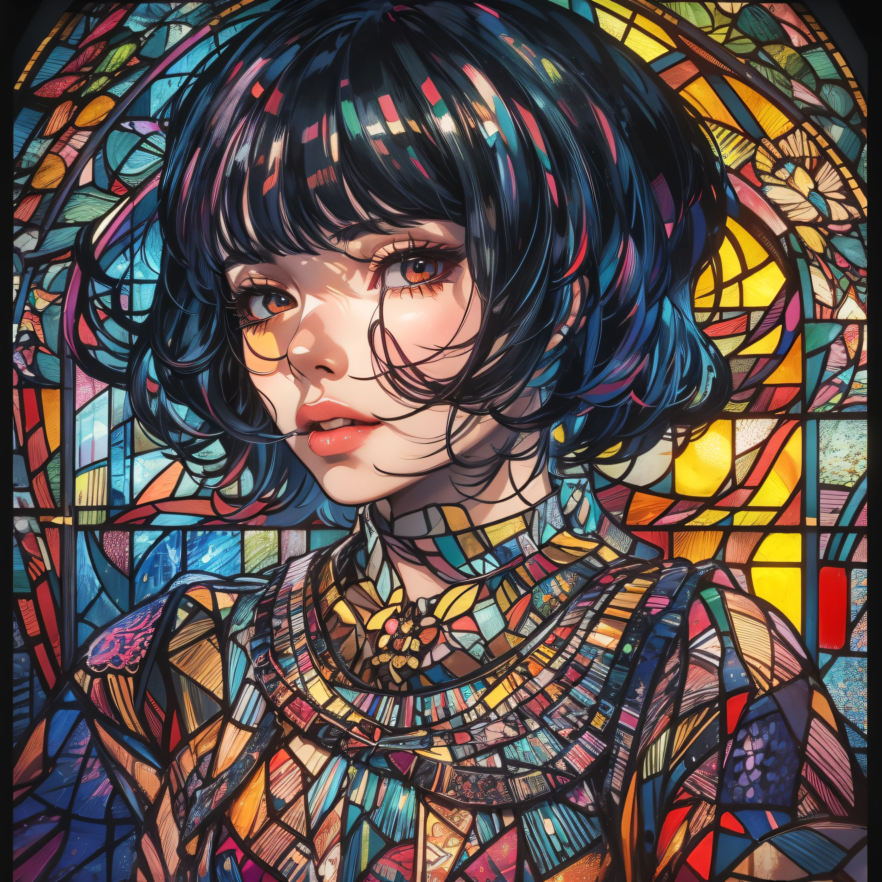 Stained glass style art of full body portrait of beautiful girl with black hair bob cut in costume with deep slit、colourfull、Photorealsitic、highcontrast、Highly detailed background，Realistic，ultra-detailliert，super detailed skin，light glow，Film grain，Expro II，Lens Flare，Sharpen，cinematic shadow