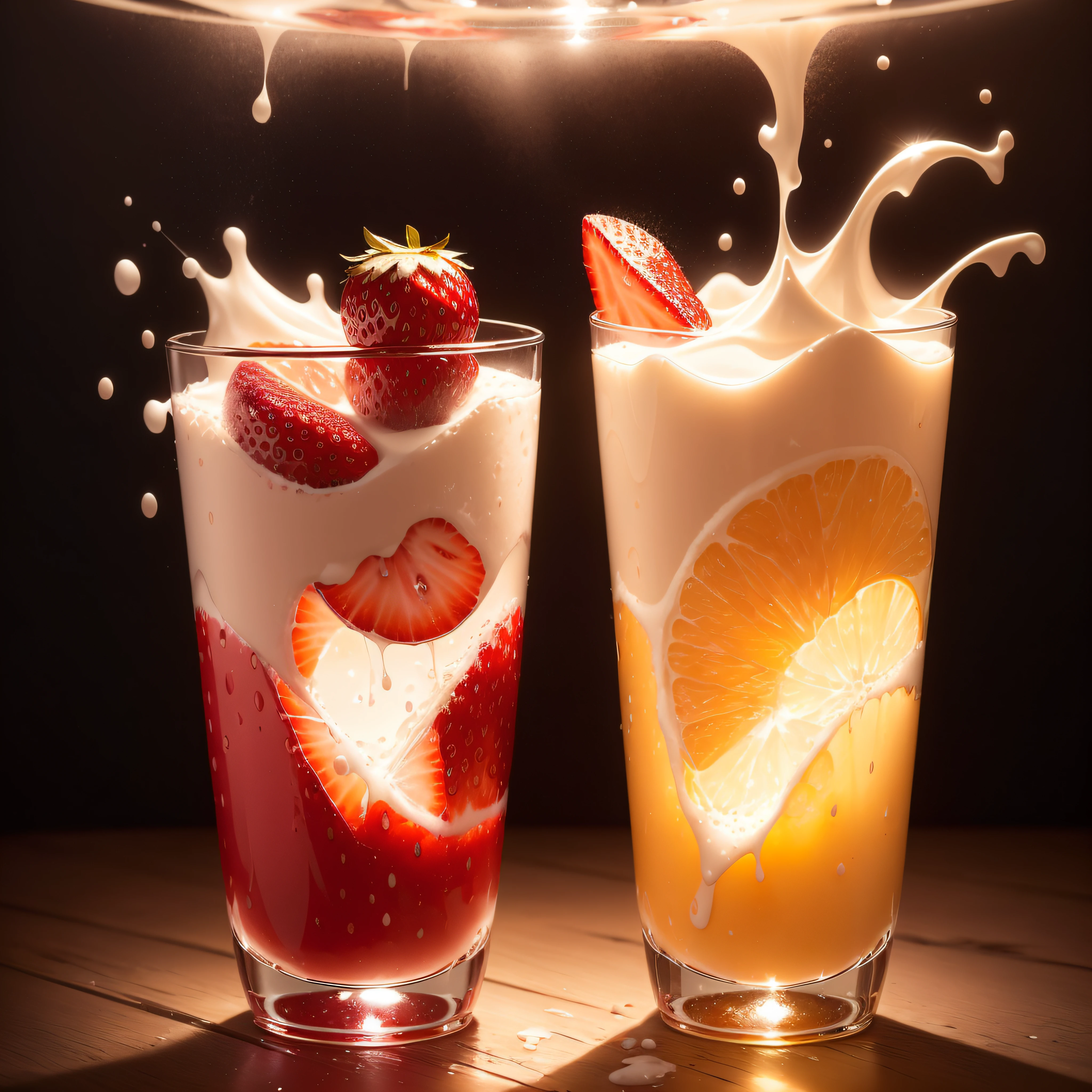 There are two glasses of fruit and milk with a splash of liquid, fotografia profissional de frutas, amazing food photography, Directed by: Franz Hegi, Directed by: Etienne Delessert, Beba milkshakes juntos, Fotografia de comida de alta qualidade, close up fotografia de comida, refrescante, Bebidas, Fotografia de Alimentos, Directed by: Aleksander Gierymski, iogurte, vanilla smoothie explosion, derramamento de suco