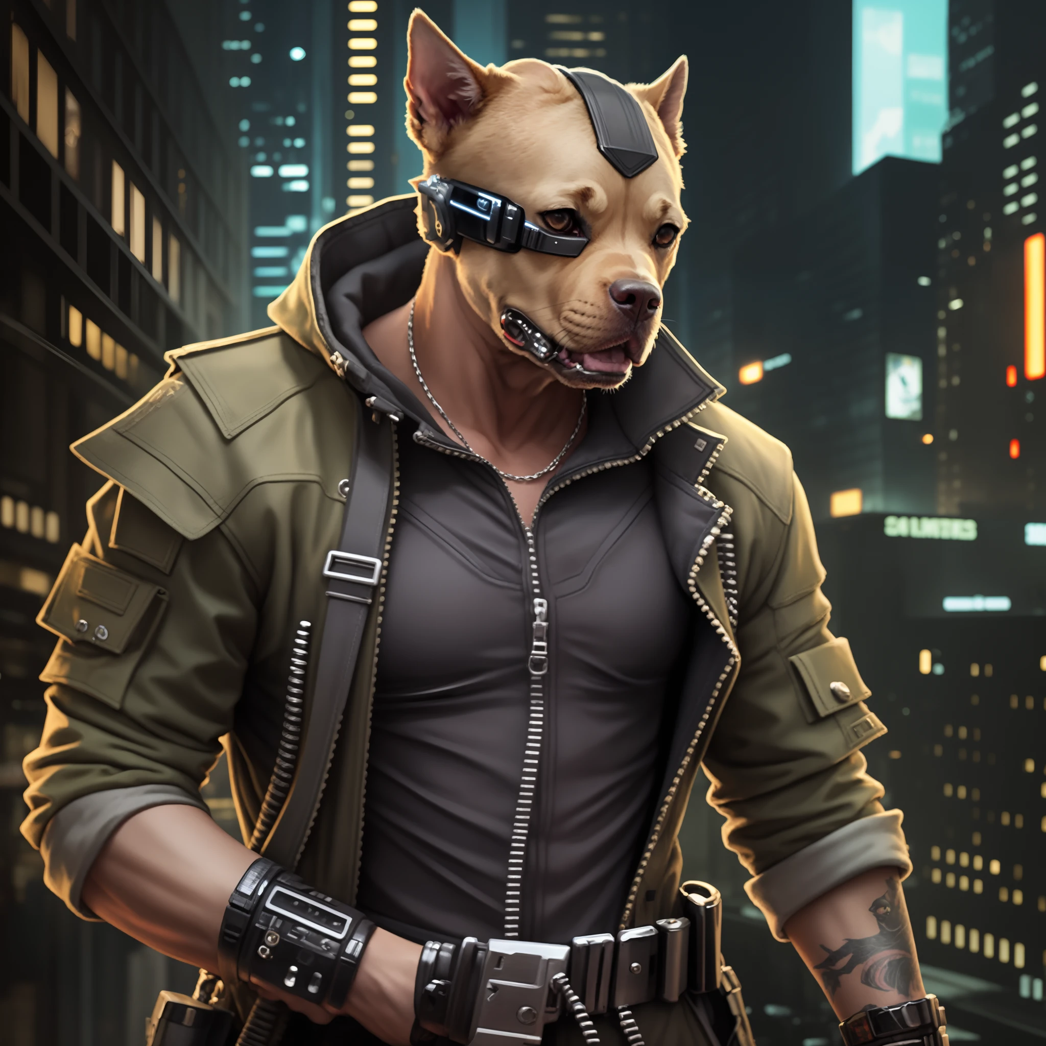 cyberpunk based pitbull in ultra realistic and cinematic war setting based on the Terminator movie --auto --s2