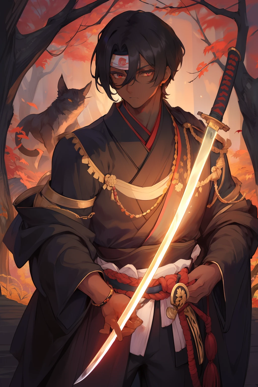 masterpiece, best quality, 1boy, dark skinned male, dark skin, black hair, short hair, bandana, black kimono, black robe, japanese clothes, katana, holding a sword, absurdres, high res, ultrasharp, 8K, masterpiece, dark forest, autumn