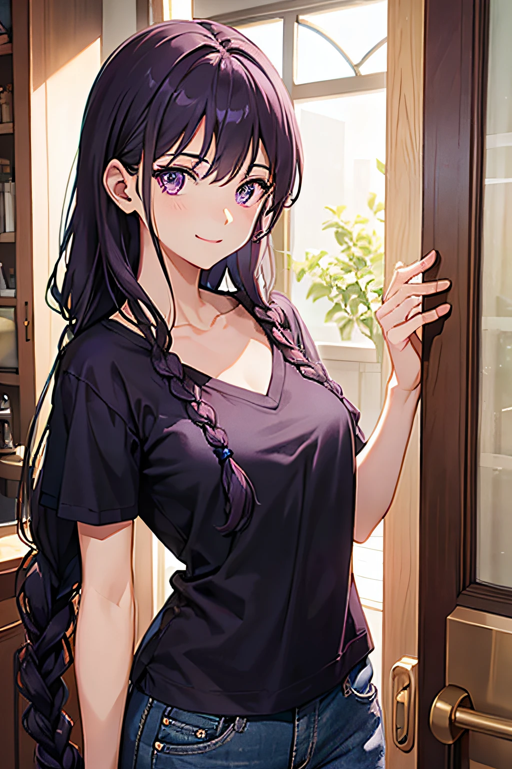 ((masterpiece)), accurate, high details, (detailed eyes), best quality, highres, super detail, Turtleneck sweater, sleeveless, flare skirt, (lavender colored clothing), black hair, long hair, straight hair, mole under eye, Inside the room, afternoon sun, from back