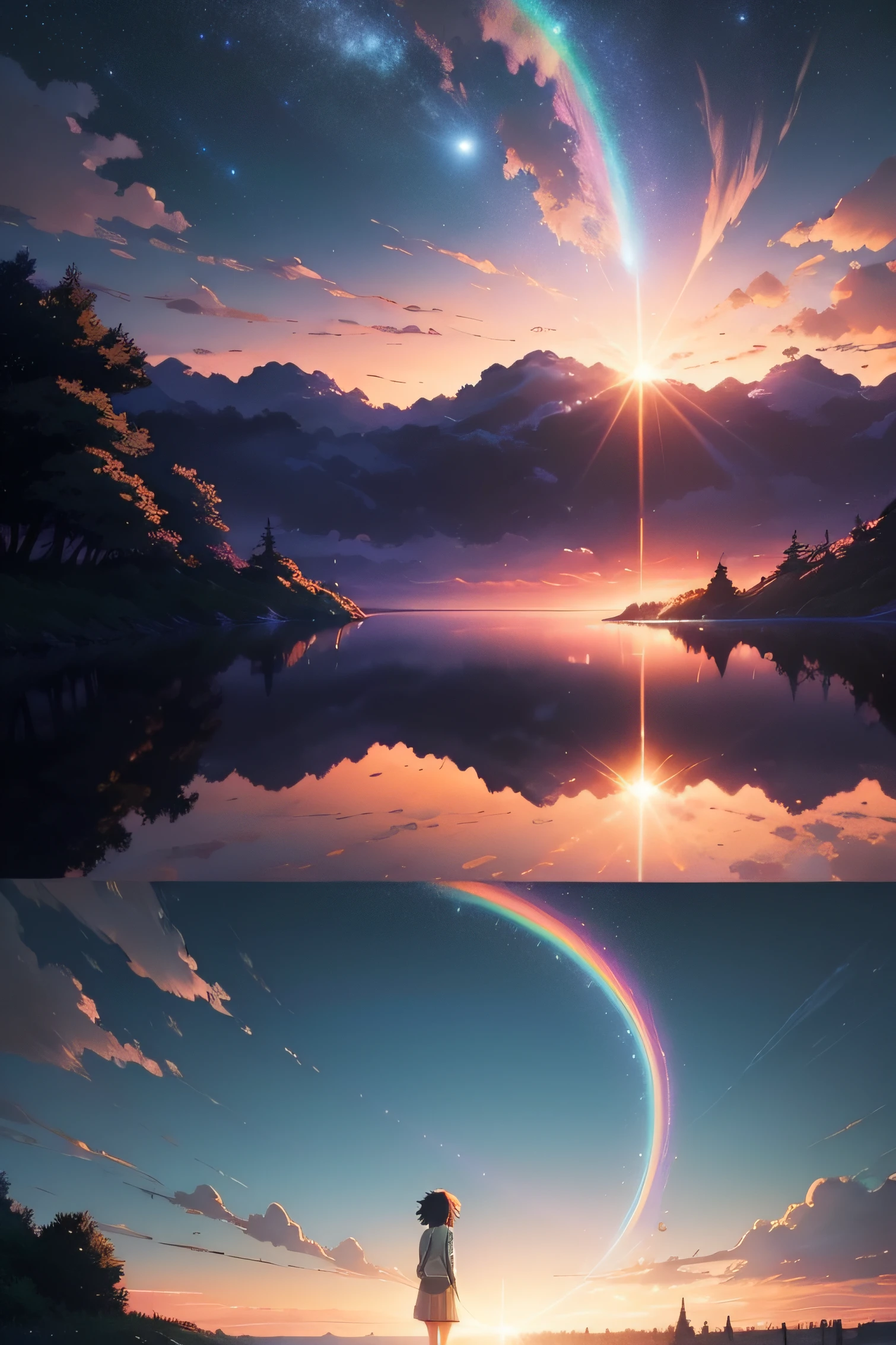 A woman standing on a hill looking at a rainbow in the sky - SeaArt AI