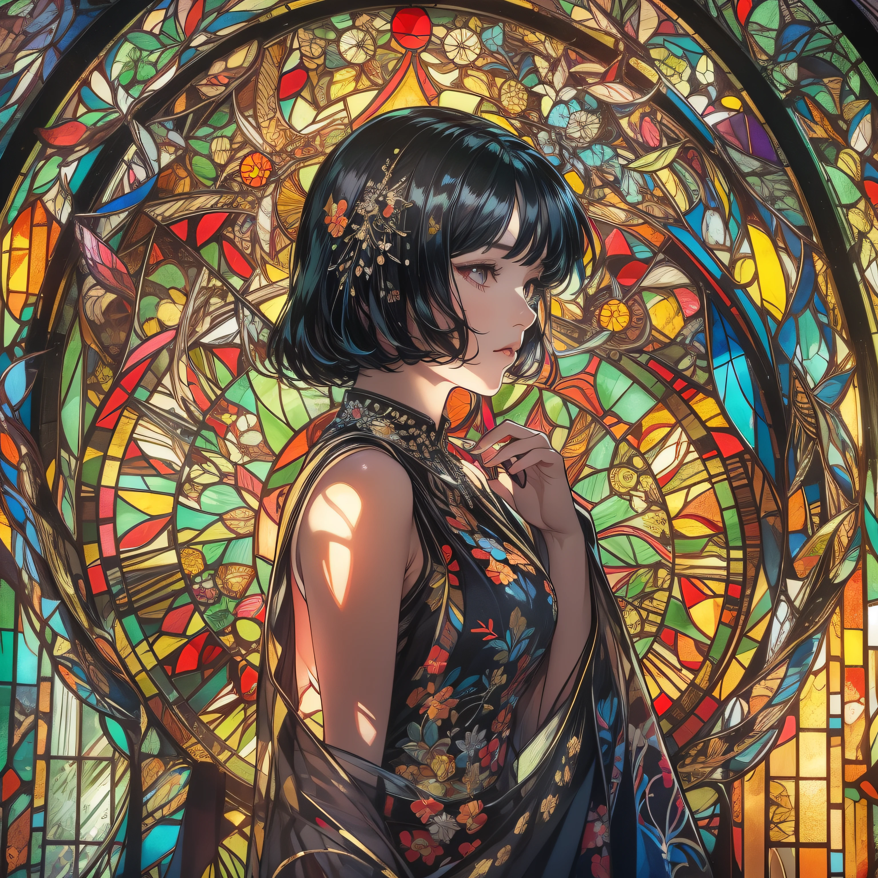 (masterpiece, Highest quality), 8K,(((Very detailed))), race:1.8,Super intricate race pattern,colorful race pattern,Stained Glass Background, kaleidoscope,light up, 1 female,Open Back,Top Bust:1.5,