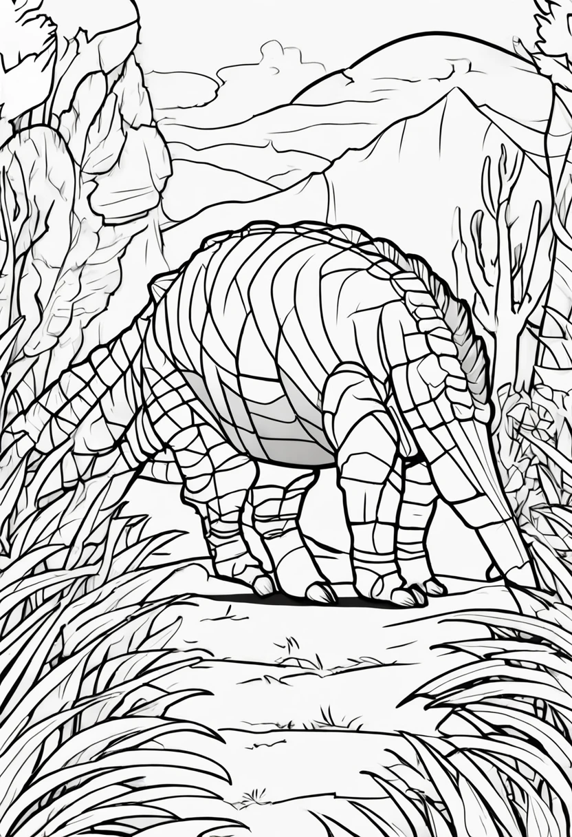 [As a coloring book, white and black color, borders should be simple, clear, distinct, and thick lines], [By Cartoon Style of dinosaur], [Feature], [Place], [Flower] --ar 3:4 --s 150