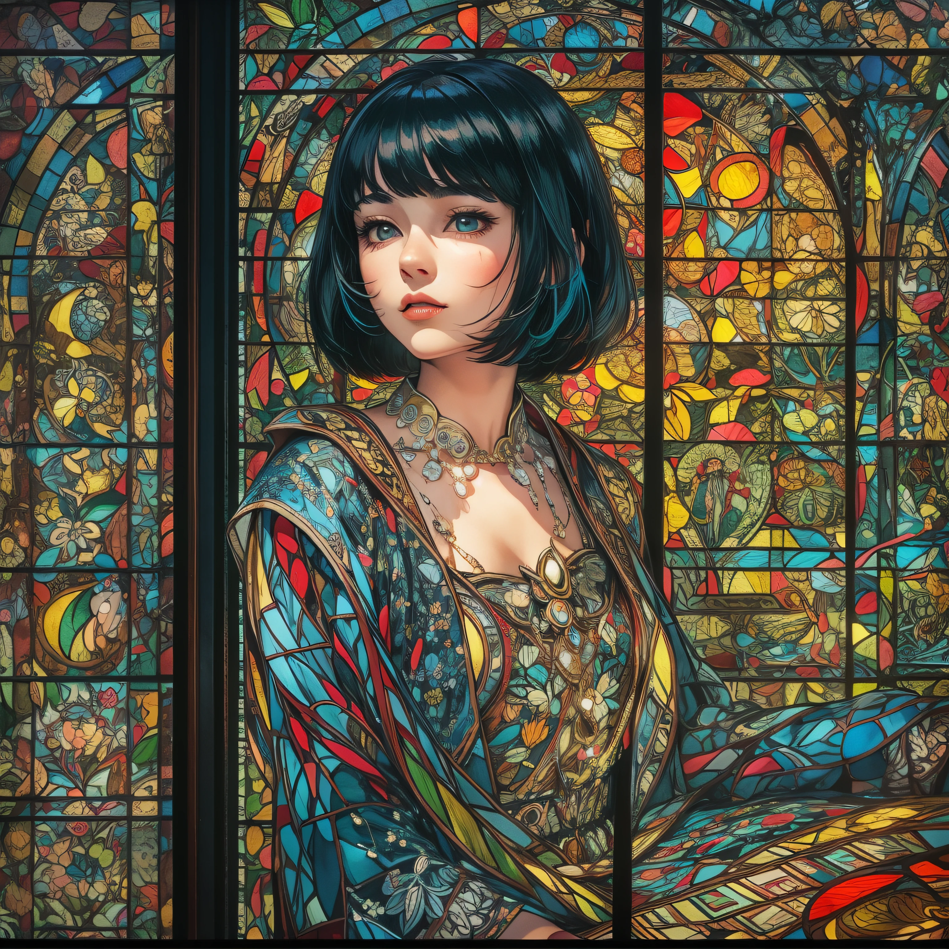 Stained glass style art of full body portrait of beautiful girl with black hair bob cut in costume with deep slit、colourfull、Photorealsitic、highcontrast、Highly detailed background，Realistic，ultra-detailliert，super detailed skin，light glow，Film grain，Expro II，Lens Flare，Sharpen，cinematic shadow