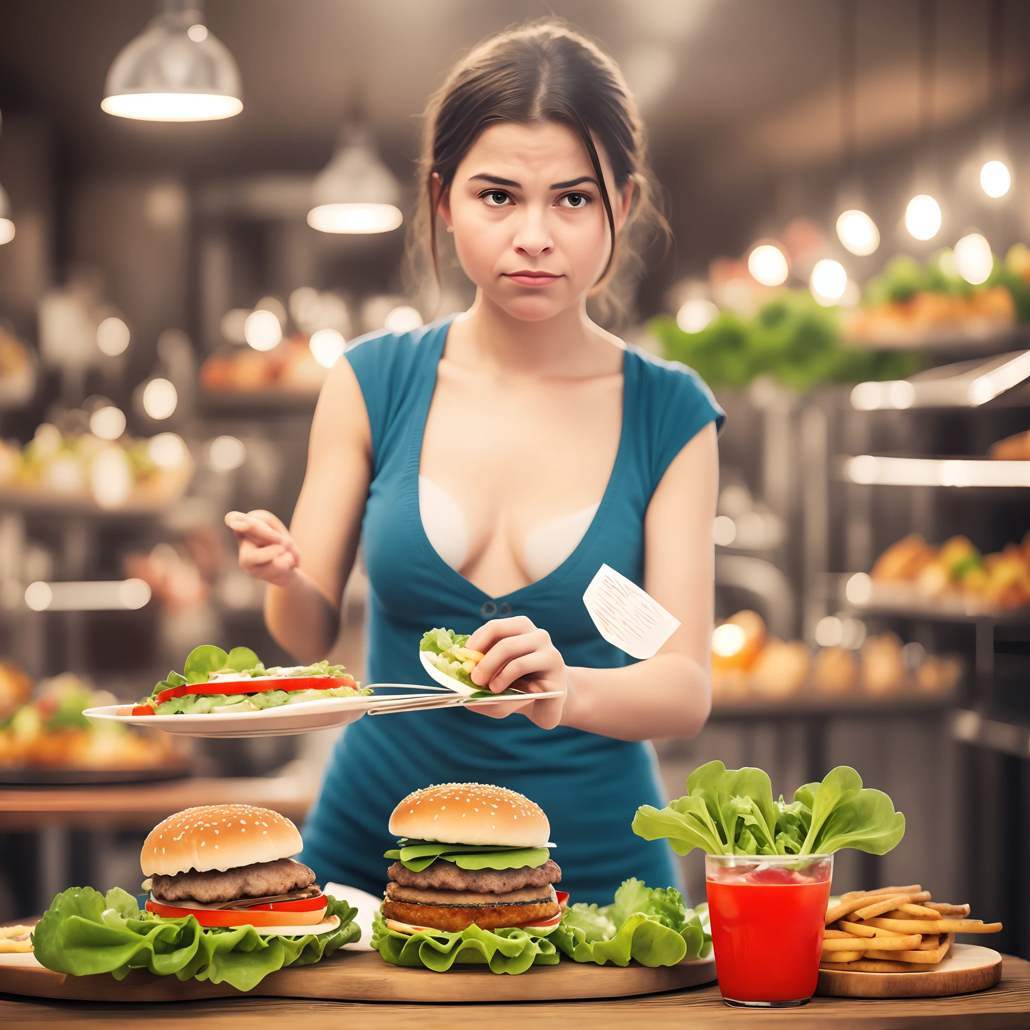 "Create images that capture reality: femele, sad Facial expression, barechested，While trying to choose a salad among an attractive selection of burgers and pizza."