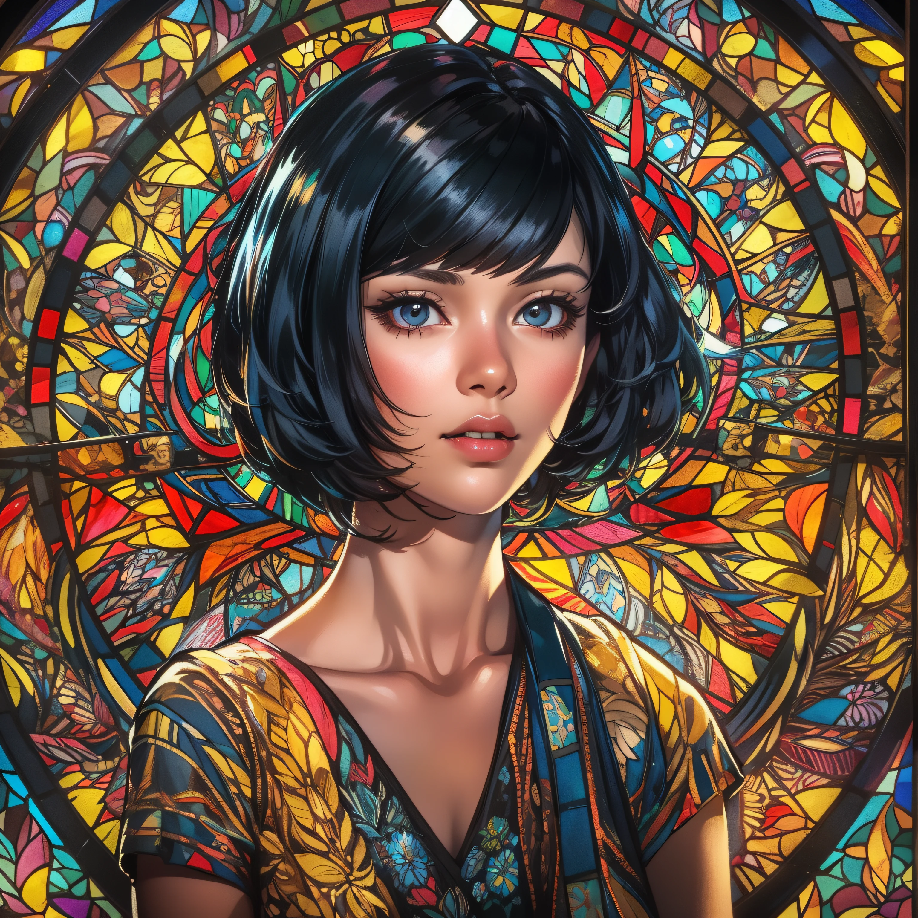 Stained glass style art of full body portrait of beautiful girl with black hair bob cut in costume with deep slit、colourfull、Photorealsitic、highcontrast、Highly detailed background，Realistic，ultra-detailliert，super detailed skin，light glow，Film grain，Expro II，Lens Flare，Sharpen，cinematic shadow, Highly detailed background，Realistic，ultra-detailliert，super detailed skin，light glow，Film grain，Expro II，Lens Flare，Sharpen，cinematic shadow