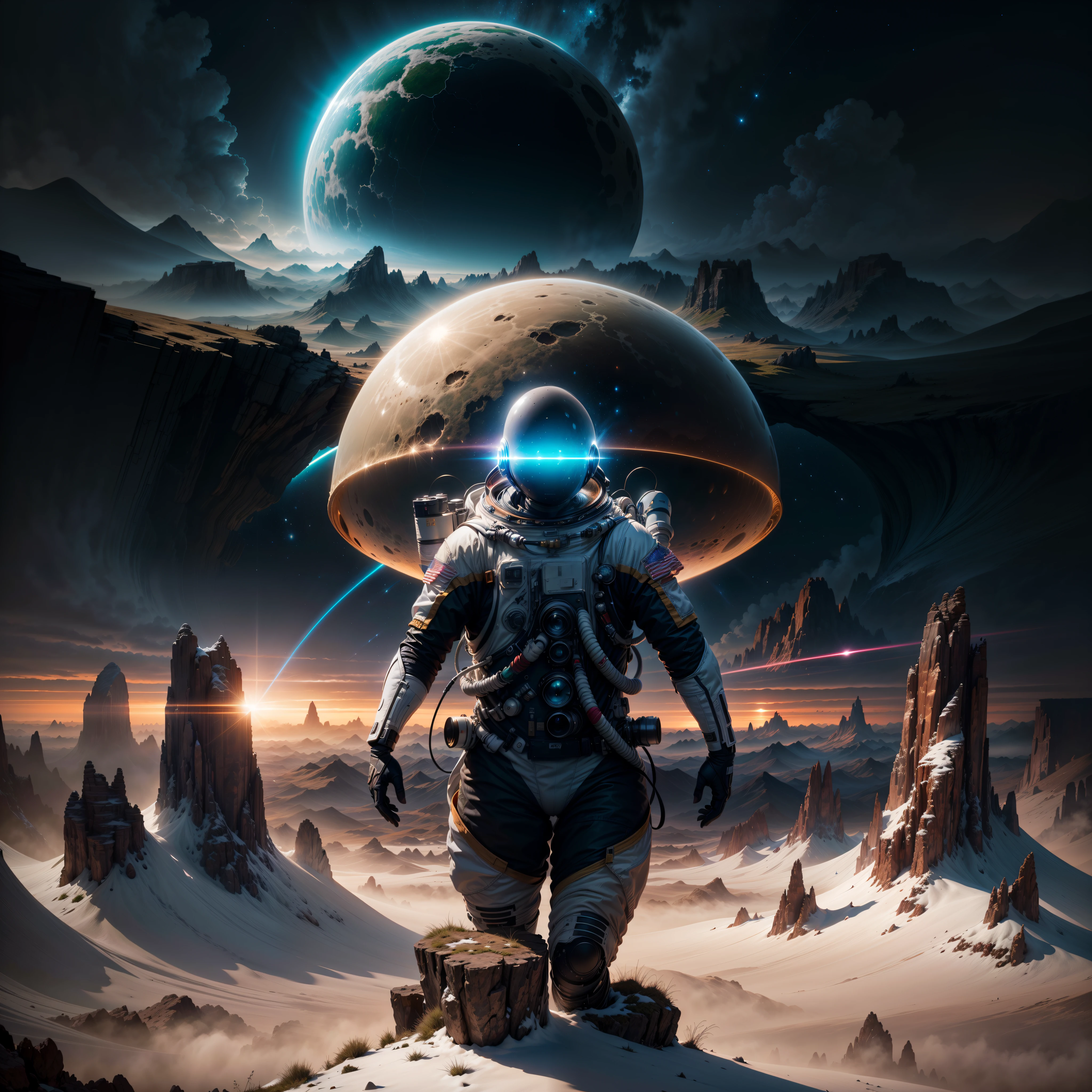 "(Epic, awe-inspiring:1.4), an astronaut stands alone on an alien planet, (majestic landscape:1.2), (otherworldly terrain:1.3), (vivid colors:1.2), (alien flora and fauna:1.1), (extraterrestrial ambiance:1.2), (stunning vistas:1.1), a moment of unparalleled discovery and wonder. Captured with the precision of the (Sony A1) camera, every detail is (exquisitely rendered:1.3), from the fine textures of the astronaut's suit, showcased through the exceptional (Sony FE 20mm f/1.8 G lens), to the interplay of light as twin suns (bathe the scene:1.2) in their ethereal glow.