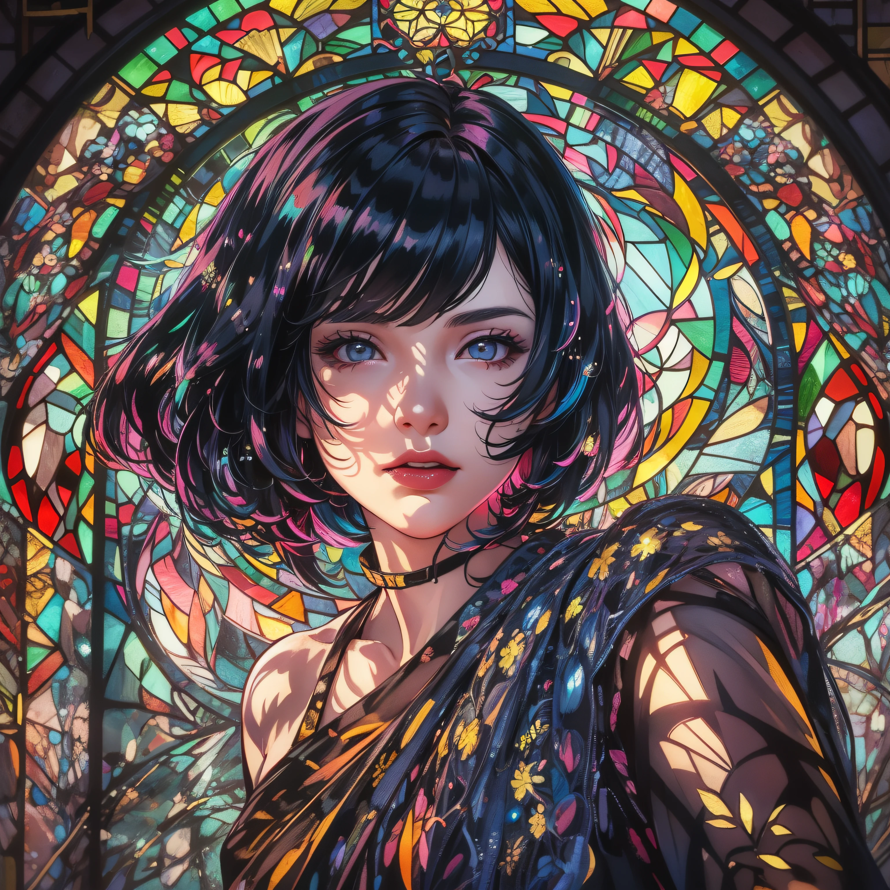 Stained glass style art of full body portrait of beautiful girl with black hair bob cut in costume with deep slit、colourfull、Photorealsitic、highcontrast、Highly detailed background，Realistic，ultra-detailliert，super detailed skin，light glow，Film grain，Expro II，Lens Flare，Sharpen，cinematic shadow