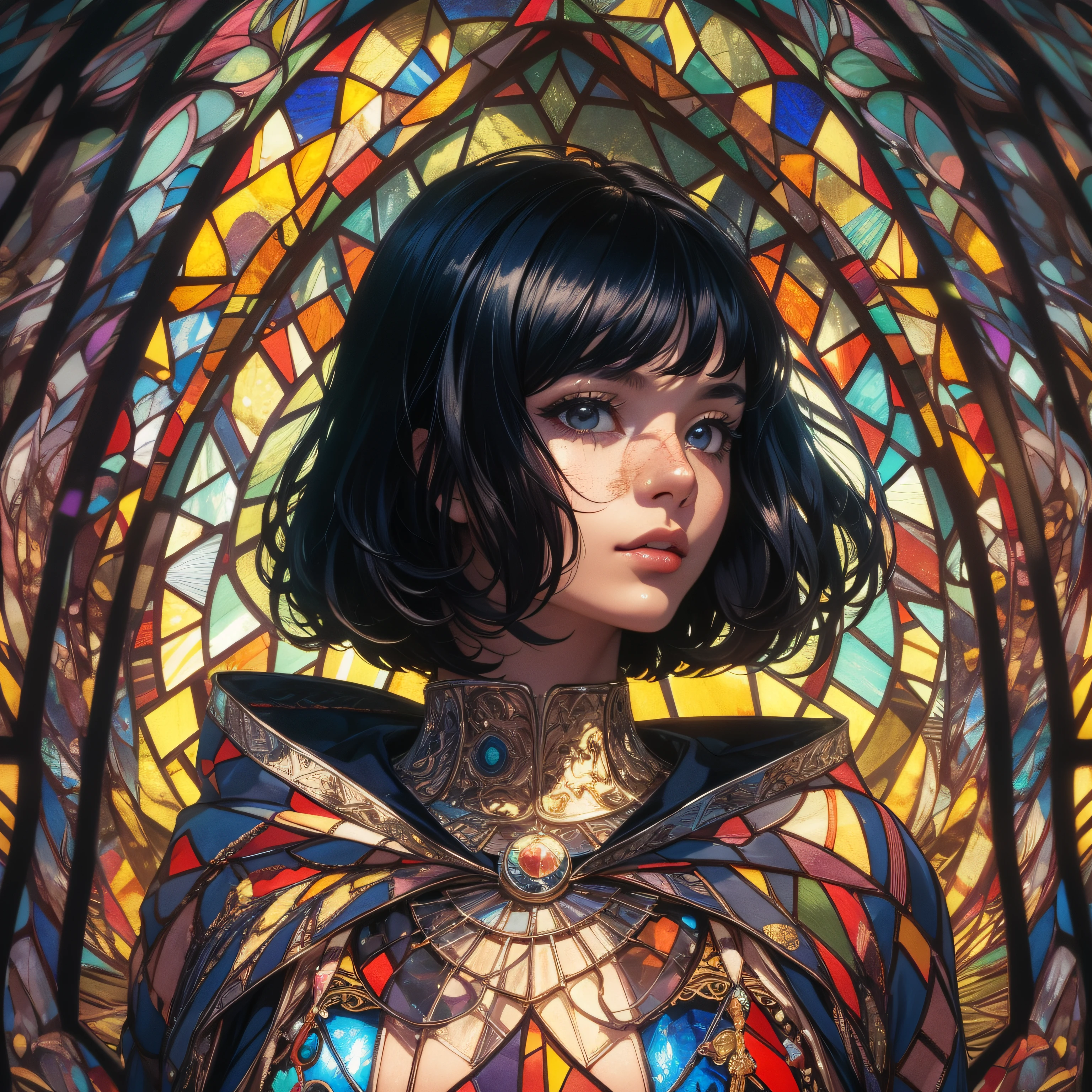 Stained glass style art of full body portrait of beautiful girl with black hair bob cut in costume with deep slit、colourfull、Photorealsitic、highcontrast、Highly detailed background，Realistic，ultra-detailliert，super detailed skin，light glow，Film grain，Expro II，Lens Flare，Sharpen，cinematic shadow, Highly detailed background，Realistic，ultra-detailliert，super detailed skin，light glow，Film grain，Expro II，Lens Flare，Sharpen，cinematic shadow