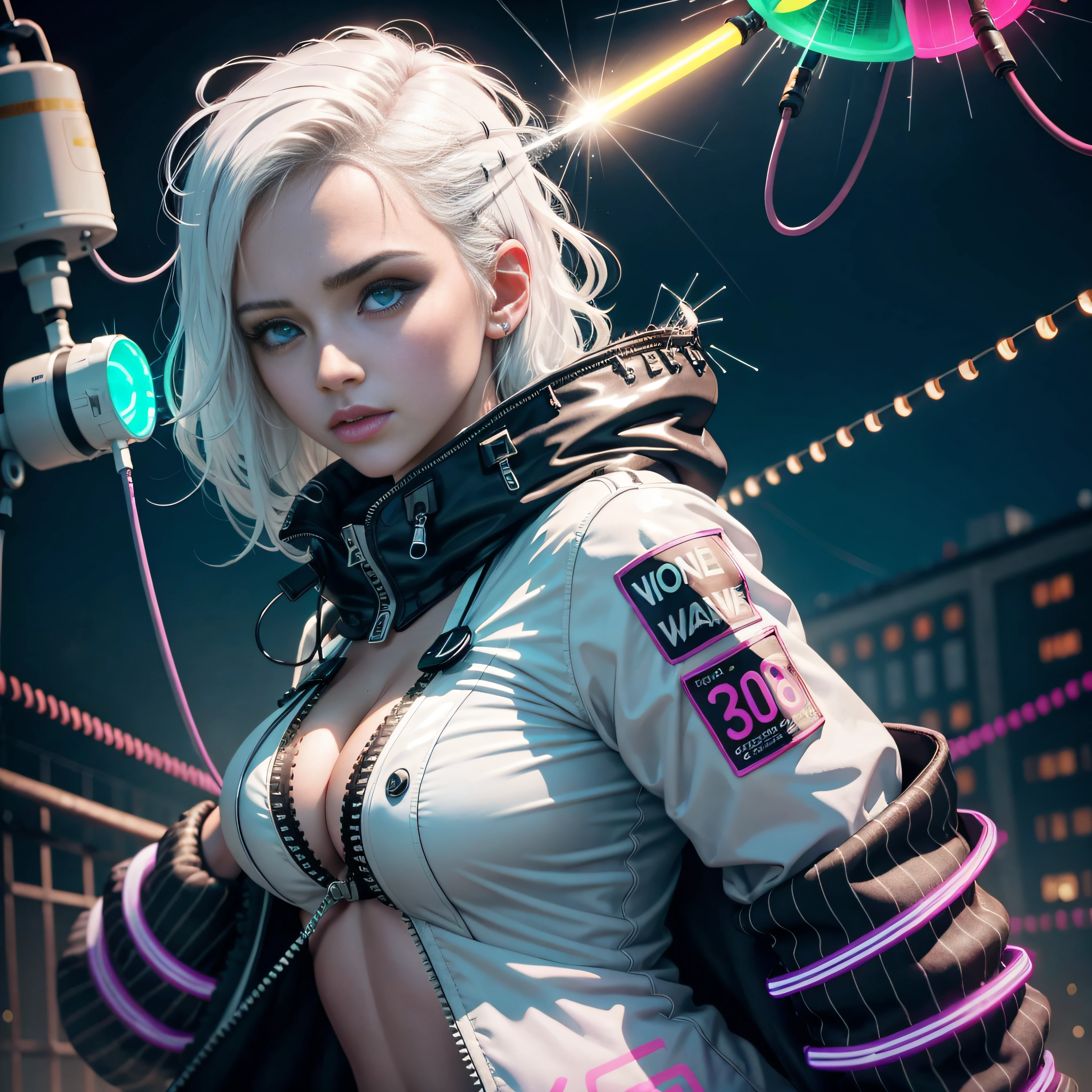 (Adult Spanish woman:1.1), looking to camera, (polyvinyl Jacket With Rivets:1.3), (rave fashion:1.5), (white hair:1.3), (open zipper:1.2), (erotic:1.3), (sexy:1.3), (glowing neon lights:1.7), (dangling sprinkler wires:1.7), best quality, raw, masterpiece, super fine photo, best quality, super high resolution, photorealistic realism, sunlight, full-body portrait, delicate face, vibrant eyes, detailed face, stars background, gorgeous, highly detailed skin, realistic skin details, visible pores, sharp focus, high quality, photo realism, seen from below, translucent, (voluptuous:.5), sensual, lascivious, dominant, (sexual:1.3), sexy, romantic, high quality, film grain, Cinematic Light, sidelighting, Lens Flare, Ray tracing, detailed face, detailed complex stars background, realistic skin details, visible pores, sharp focus, volumetric fog, overexposed light
