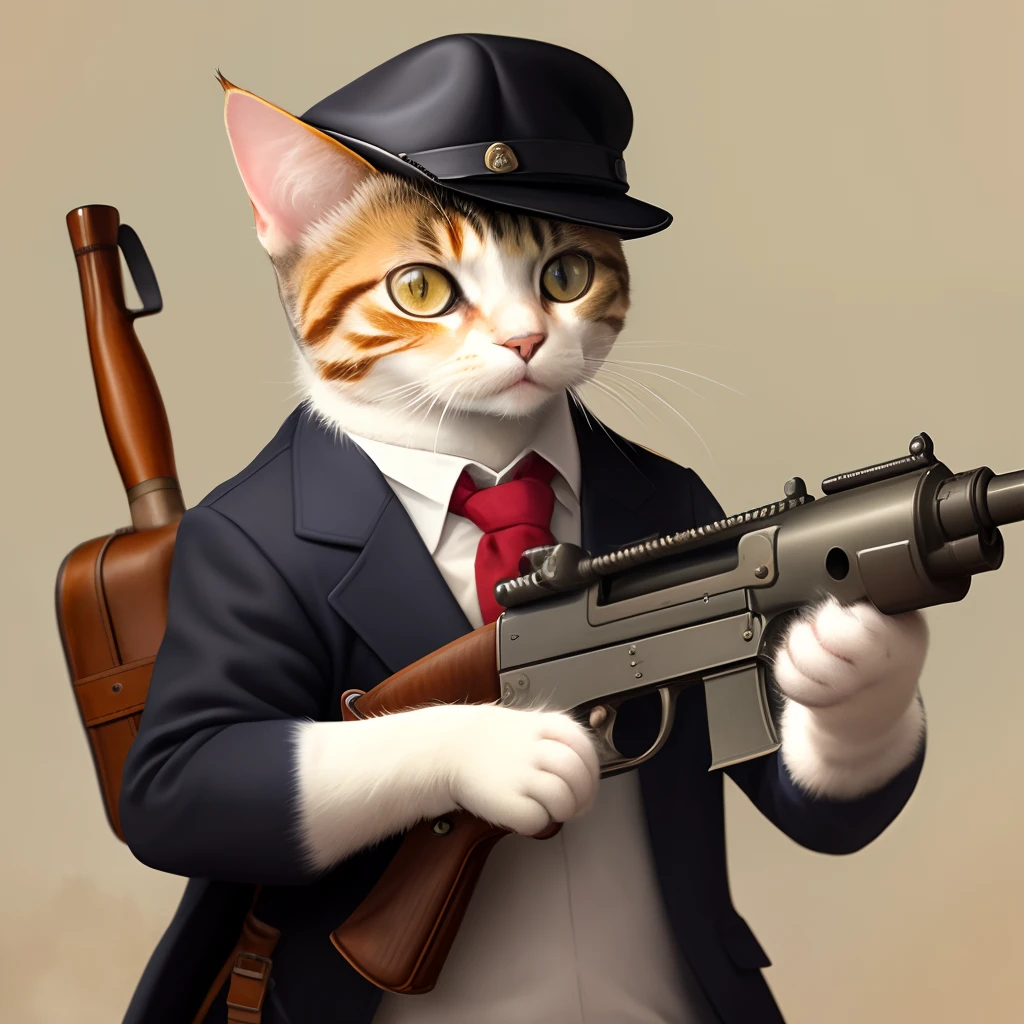 A cat holding a Tommy Gun
