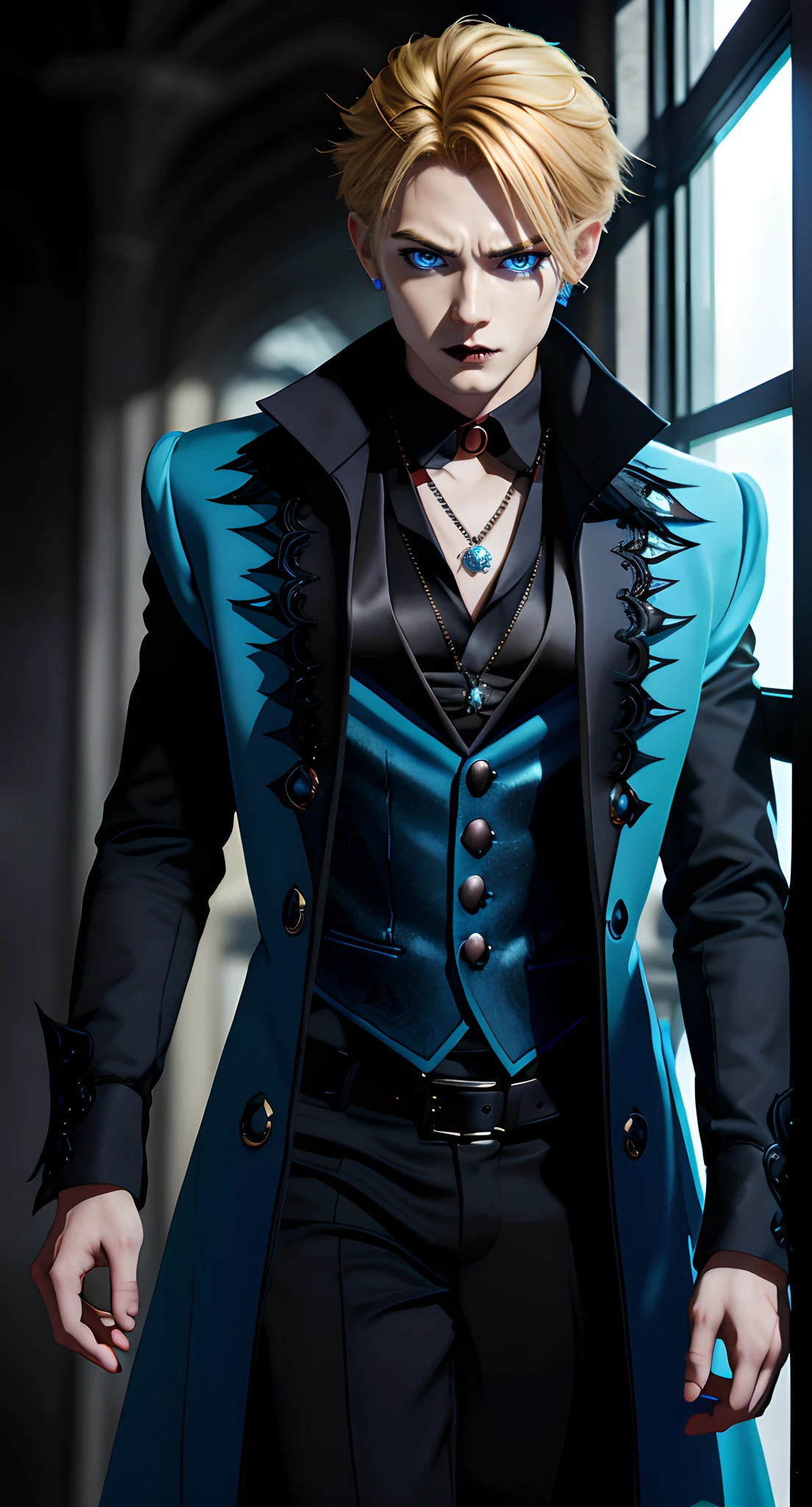 masterpiece, top-quality, 2Others, 1male people,, Adults, Height difference, different color, finely eye and detailed face, intricate detailes, Black Wizarding World Costume, The Magical World of Darkness, A smile, Unhappy, solitude, youthfulness, high-level image quality、 beautiful man、tall、Diabolical, villainess, window、𝓡𝓸𝓶𝓪𝓷𝓽𝓲𝓬、British men, Idol Photos, k pop, Professional Photos, ((Vampire)), Fedoman with necklace, inspired by Sim Sa-jeong, androgynous vampire, :9 detailed face: 8, extra detailed face, detailed punk hair, ((Light blue eyes)) baggy eyes, Seductive. Highly detailed, semi realistic anime, Vampires, hyperrealistic , delicate androgynous prince, imvu, short hair above the ears, Man with short hair, Glaring expression, Angry look, ((British man with short blonde hair and light blue eyes)), ((Darkness attribute))