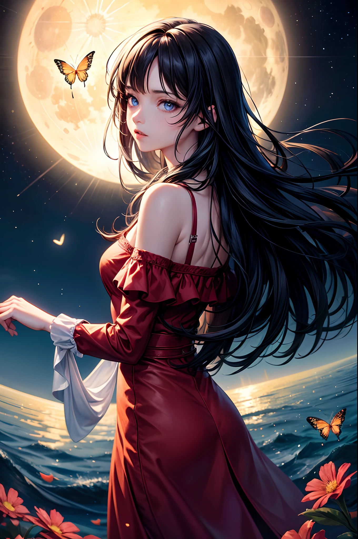 full moon night, starry sky, shooting stars, a 20 years old girl wearing a red dress outfit standing on a sea of colorful flowers, black long hair, blue eyes, looking up the sky, turn back to viewers, butterfly, fireflies, (girl focus:0.7) BREAK,Detailed,Realistic,4k highly detailed digital art,octane render, bioluminescent, BREAK 8K resolution concept art, realism,by Mappa studios,masterpiece,best quality,official art,illustration,ligne claire,(cool_color),perfect composition,absurdres, fantasy,focused, rule of thirds