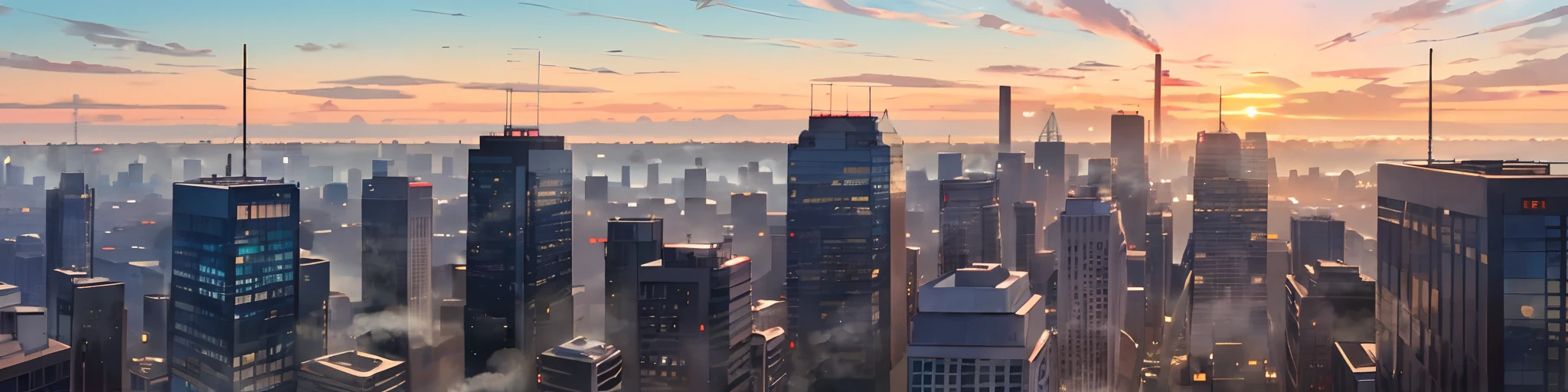 A city full of smoke in the early morning, a commercial-office tower, behind it a lovely sunrise