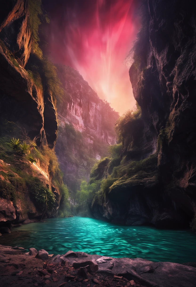 glowing river in a cave