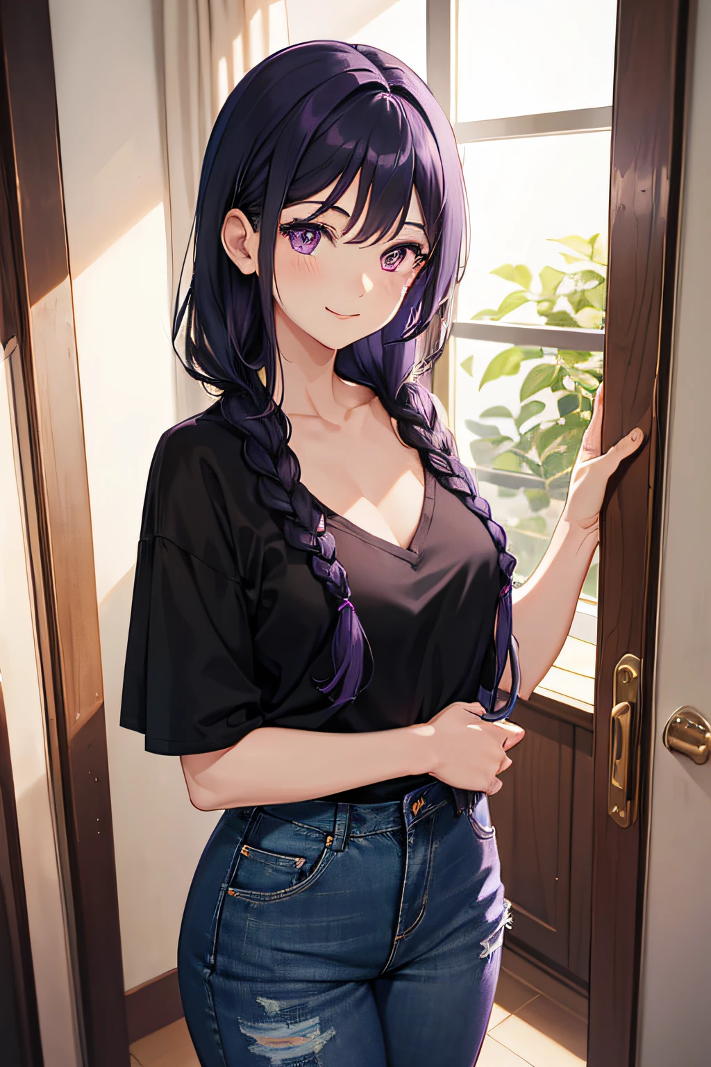 1woman, long braided dark hair, purple eyes, large chest, dressed v-neck t-shirt and denim, smiling and shy, in her living room, opening the door.