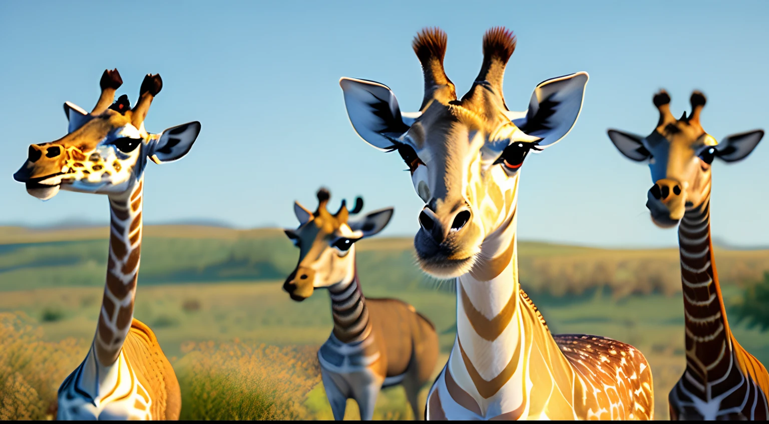 There are several giraffes that are smiling at the camera, painting digital adorable, bonito 3 d render, arte digital detalhada bonito, renderizado em keyshot, personagem pixar bonito, design de personagem bonito pixar, pequenino, super detailed rendering, smooth 3d CG rendering, toon render keyshot, colored zbrush render, pixar renderman render, stylized as a 3d rendering