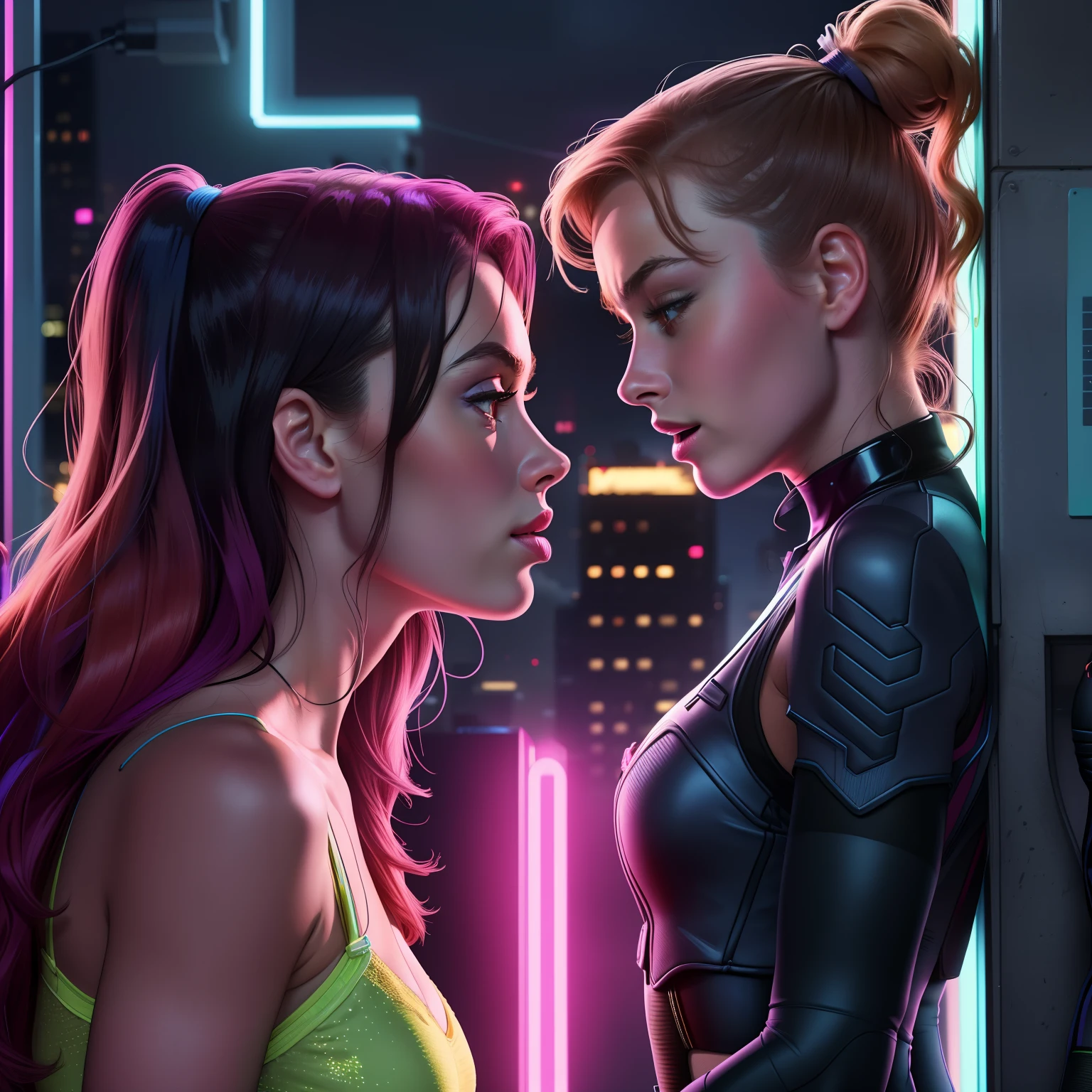 Neon, 8K, portrait, highly-detailed, taken from side view, two girls standing face to face, full body view, kissing, eyes closed, wearing stockings, black hair girl facing left while second girl facing right with ginger hair, shy and blushing expression, [Margot Robbie|Brie Larson], cleavage, surreal and dreamlike setting, soft pastel colors