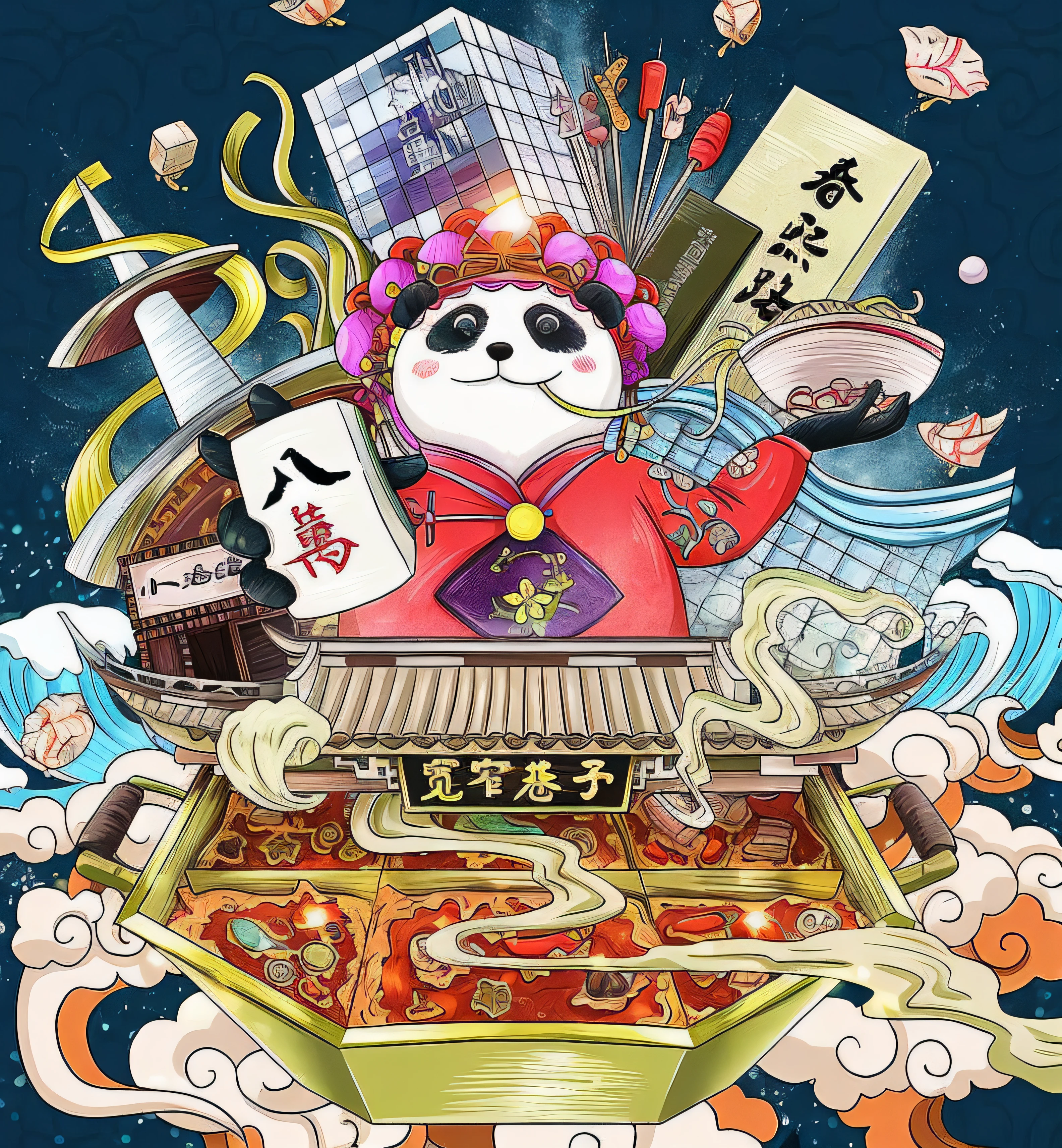 The Allafard Panda has a hot pot on board,, hentail realism, Giant pandas on promotional posters, Giant panda holding mahjong in hand, Official artwork, high detailed official artwork, Traditional Chinese concept art, Chinese-style illustration, dreamland of chinese, A beautiful artwork illustration, Illustrator, fine art style, 3D Ultra-verbose