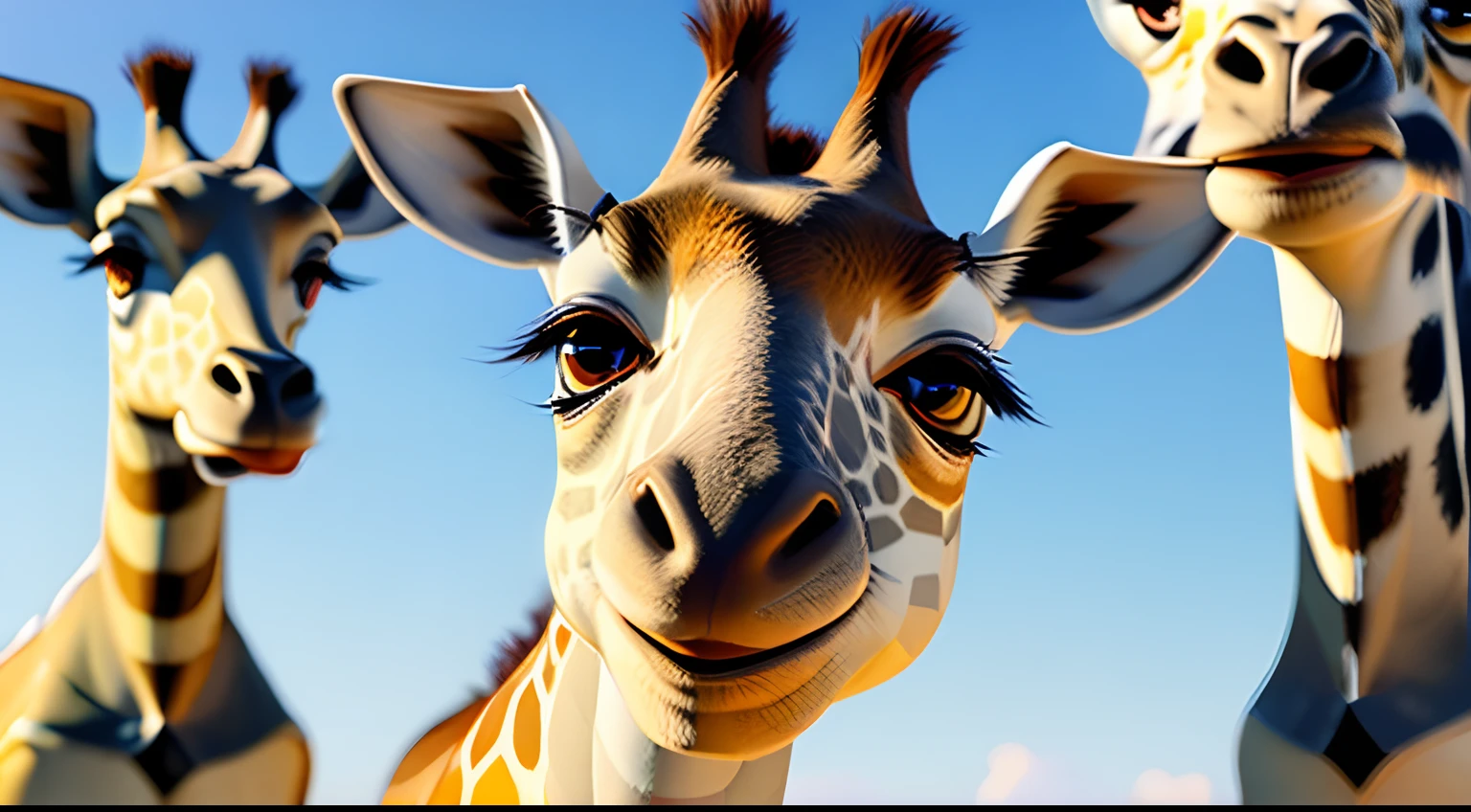 There are several giraffes that are smiling at the camera, painting digital adorable, bonito 3 d render, arte digital detalhada bonito, renderizado em keyshot, personagem pixar bonito, design de personagem bonito pixar, pequenino, super detailed rendering, smooth 3d CG rendering, toon render keyshot, colored zbrush render, pixar renderman render, stylized as a 3d rendering