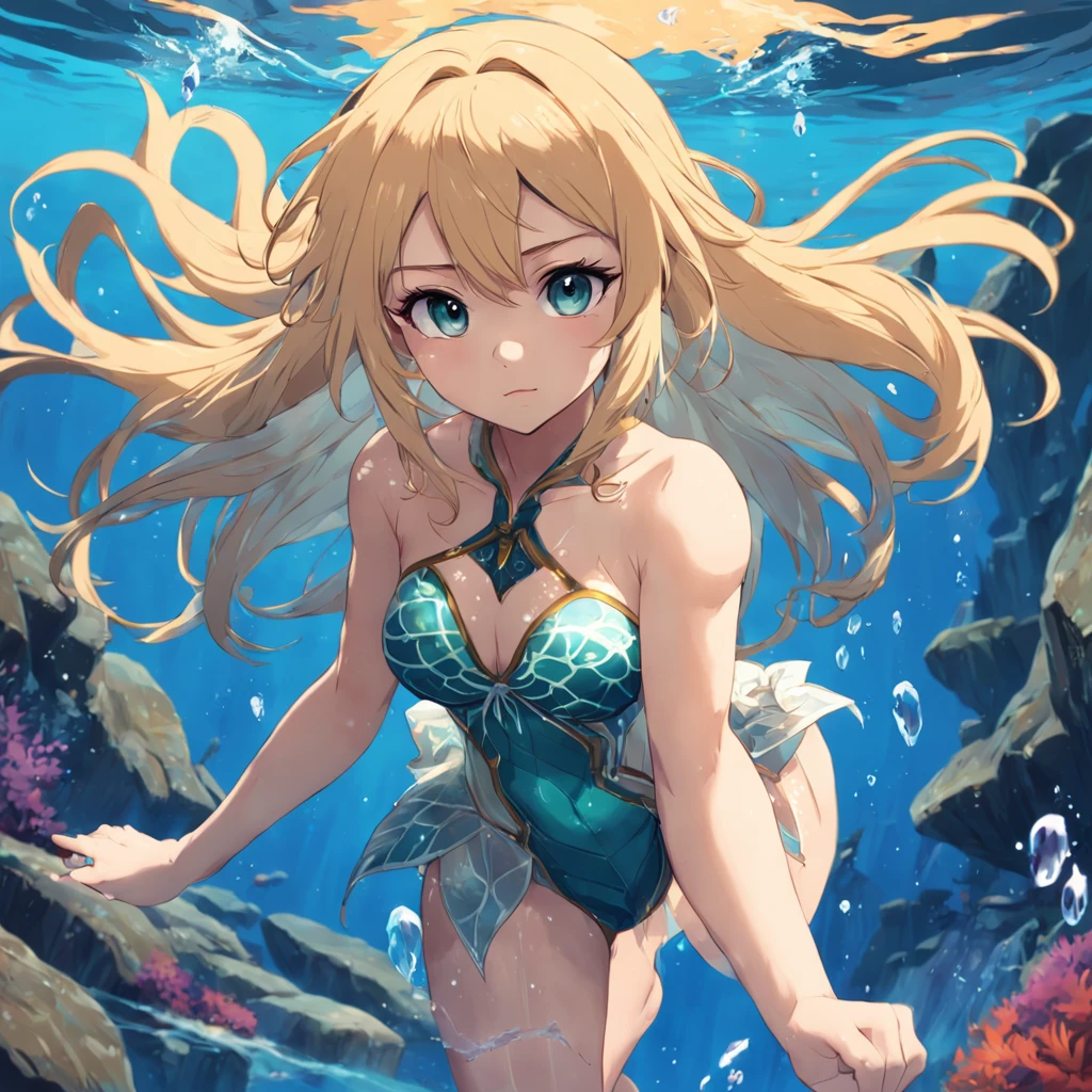 Menina sereia anime, sereia, menina brava, blonde girl, sereia, Water powers, with flowing blond hair, sombreamento estilo anime plano, mulher anime, personagem estilo anime, estilo anime plano, pose poderosa, cabelo loira, roupas de sereia, pose poderosa, aquatic, menina anime poderoso, underwater