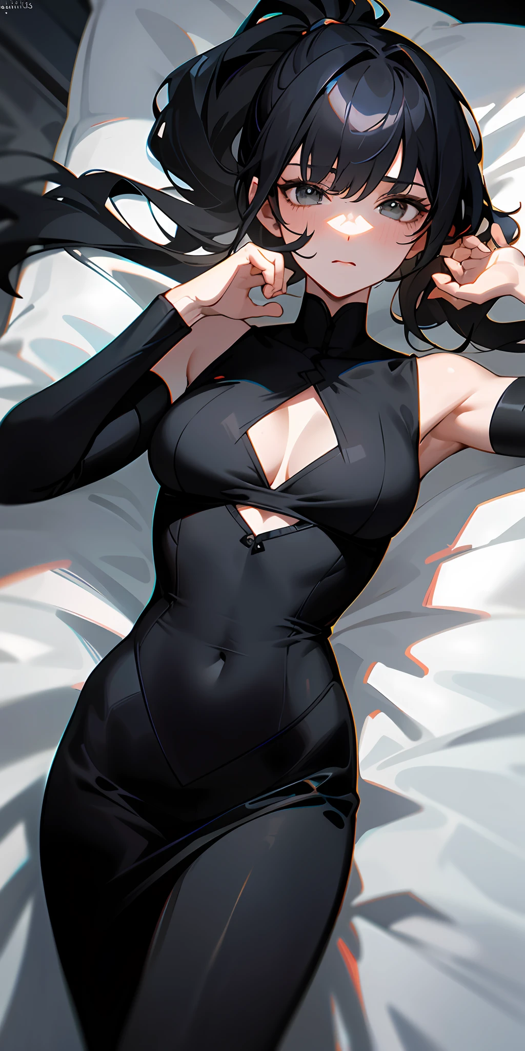 Black double ponytail，slenderness，Big sister，Place your hands on your lower abdomen，Lying on the bed realistic，photograph realistic，best qualtiy，tmasterpiece，Extremely refined and beautiful，extremely detaile，CG，8K，Amazing Cleavage，finely detailled，tmasterpiece，Best quality at best，extremely detailed CG unity 8k wal