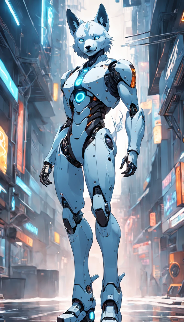 Robot Dog, futuristic style( light blue background), Lobo's futuristic clothes, Full body HDR, 1.2. realist,