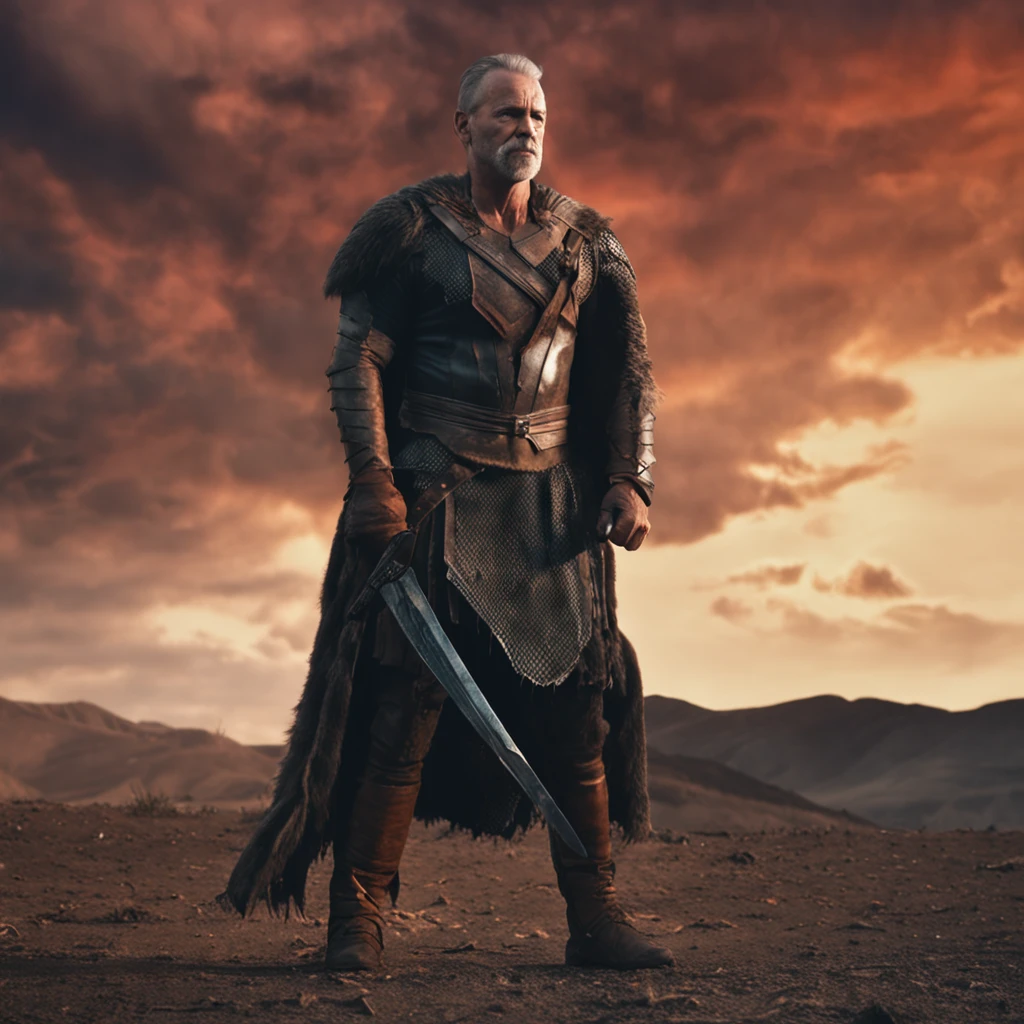 Middle-aged man very strong warrior style in the shade and full of scars image high definition and in 4k