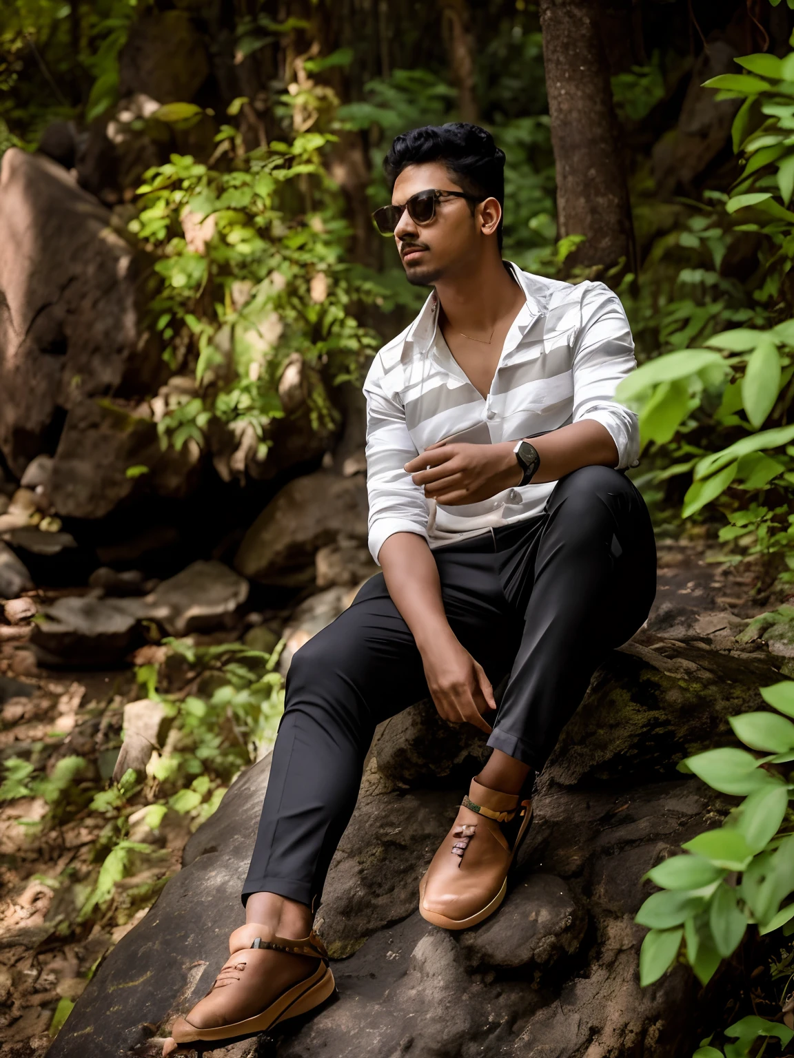 there is a man sitting on a rock in the woods, amidst nature, jayison devadas style, stylish pose, jayison devadas, with a cool pose, sitting on a rock, on a rock, vinayak, sitting on rocks, cool pose, full body photogenic shot, mohamed chahin style, candid picture, in jungle, ayan nag