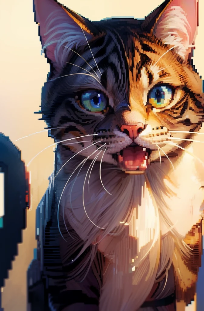 top-quality, ​masterpiece, Rough pixel art, Pixel art, Cats, Mouth wide open, frontage
