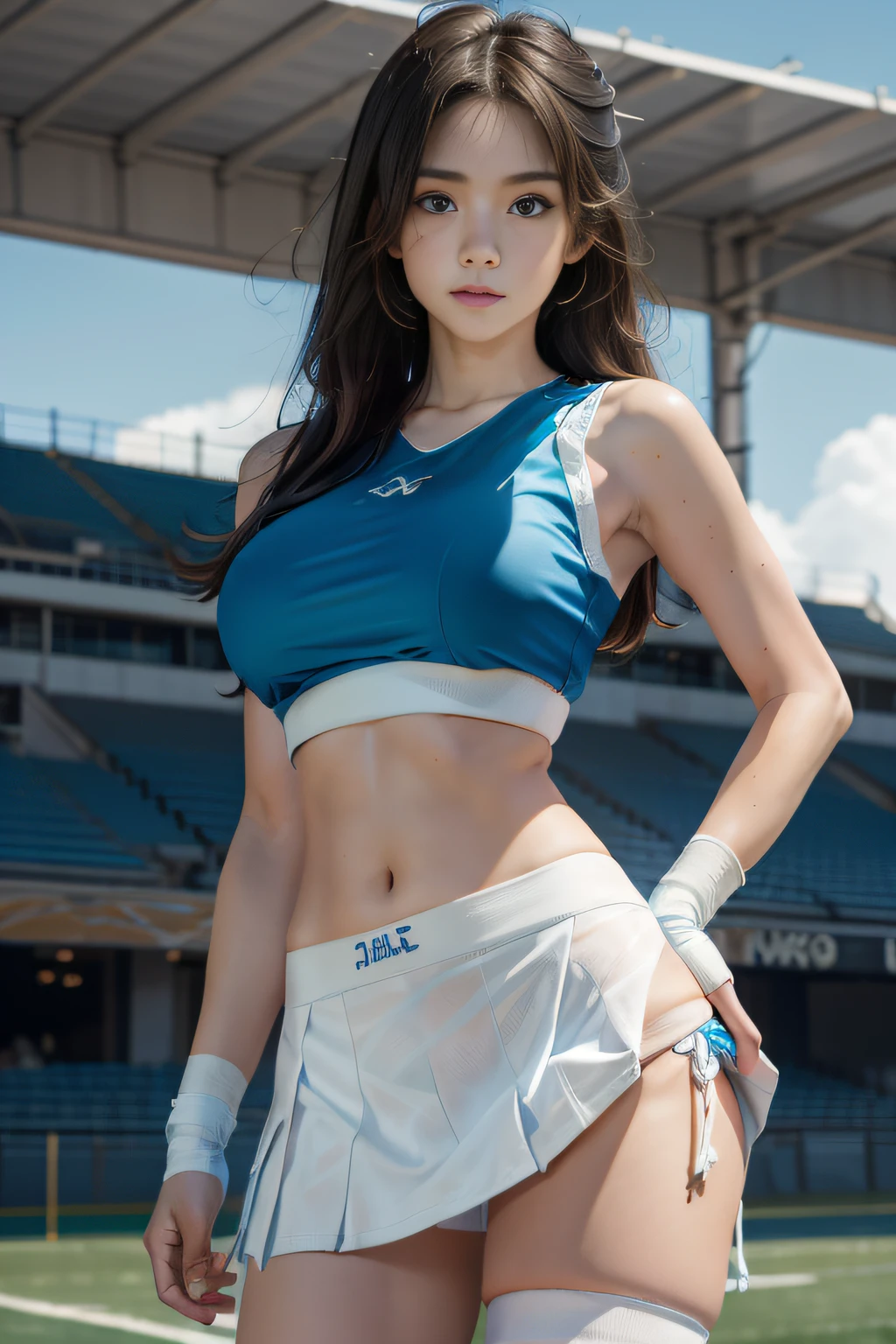 ((Master parts, Best quality,absurderes)),Makoto Shinkai( 1人の女性,soio, Long hair, 21 yeas,Expressive blue eyes,Medium breasts, seios enormes), Cheer Uniforms(((Mini sleeveless gym top, pleatedskirt,White thong panties with bandages, sockes))) , University football field,Other blurred buildings at the bottom of the image, tag，University football field，University football field，University football field，Award-Awarded, Super detail, hyper HD, Anatomically correct, retinas, Masterpiece, ccurate, High details, Textured skin, High quality, A high resolution, Best quality, 8K