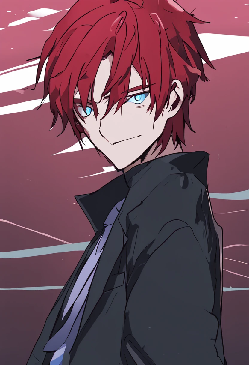 Anime male character with red hair and blue eyes and black clothing standing in front of a blue background, Retrato Gapmoe Yandere Grimdark, Rimuru, Gapmoe Yandere Grimdark, Hajime Yatatate, imagem do avatar, Tempestade Rimuru, Foto de perfil de Rimuru Tempest, anime moe artstyle, Fuso Rei, 2 d estilo anime