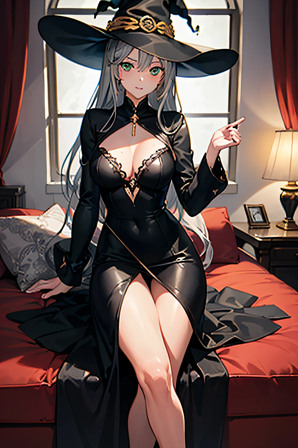 1woman,30s, sexy, witch costume black dress, long silver hair, sharp green eyes, large chest. night, dark living room