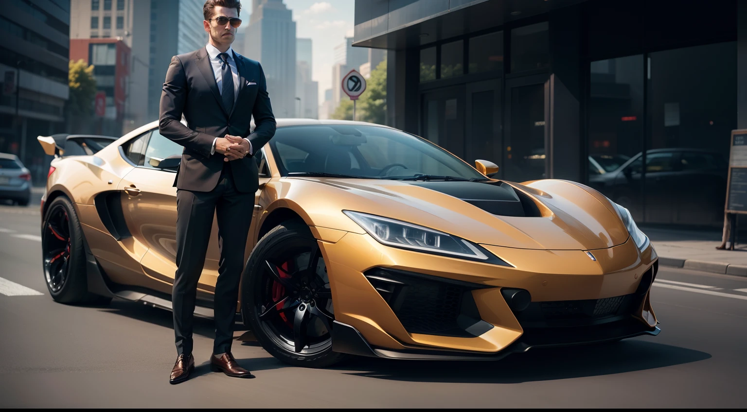 man in suit with realistic car
