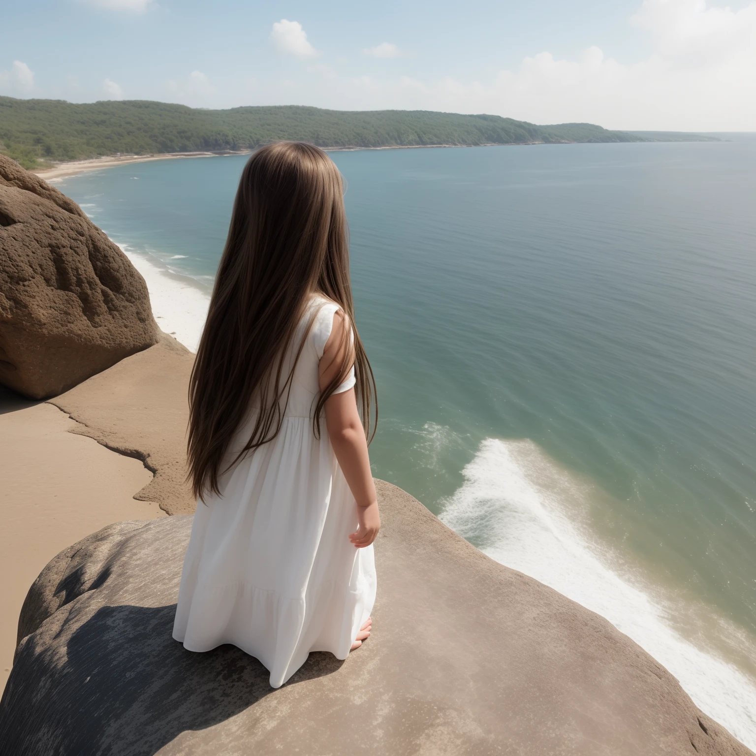 A child girl with long brown hair wearing a long white dress that goes up to her knees the girl on top of a rock looking at the view of the beach