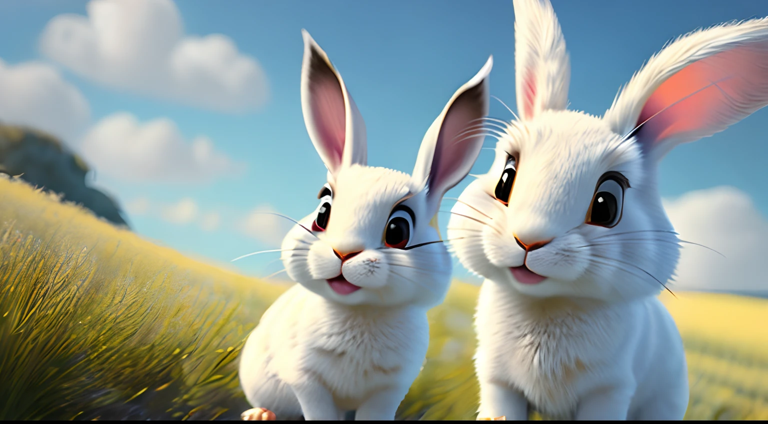 There are several cheerful bunnies who are in the field jumping and smiling for the camera, painting digital adorable, bonito 3 d render, arte digital detalhada bonito, renderizado em keyshot, personagem pixar bonito, design de personagem bonito pixar, pequenino, super detailed rendering, smooth 3d CG rendering, toon render keyshot, colored zbrush render, pixar renderman render, stylized as a 3d rendering