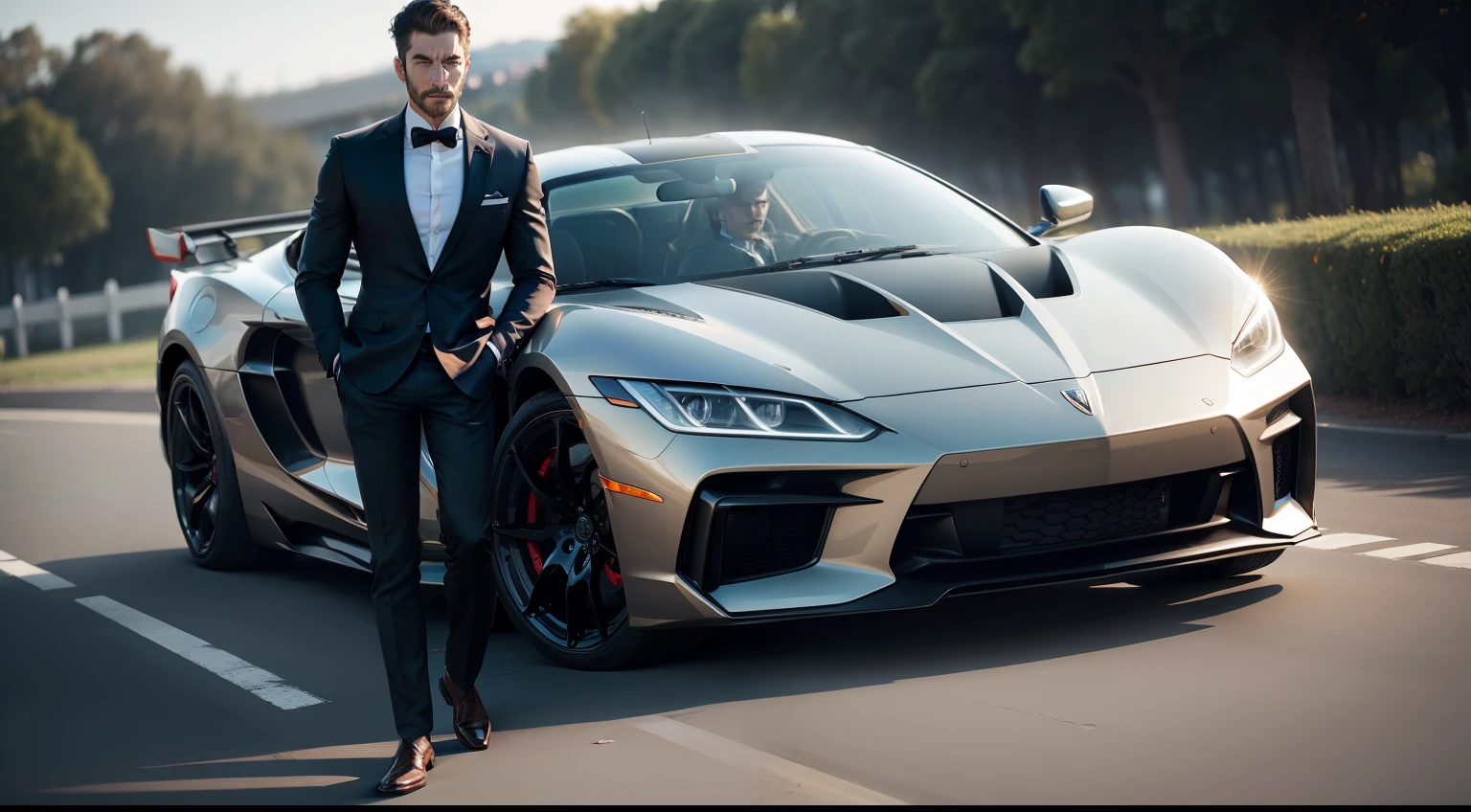 man in rich suit with realistic car