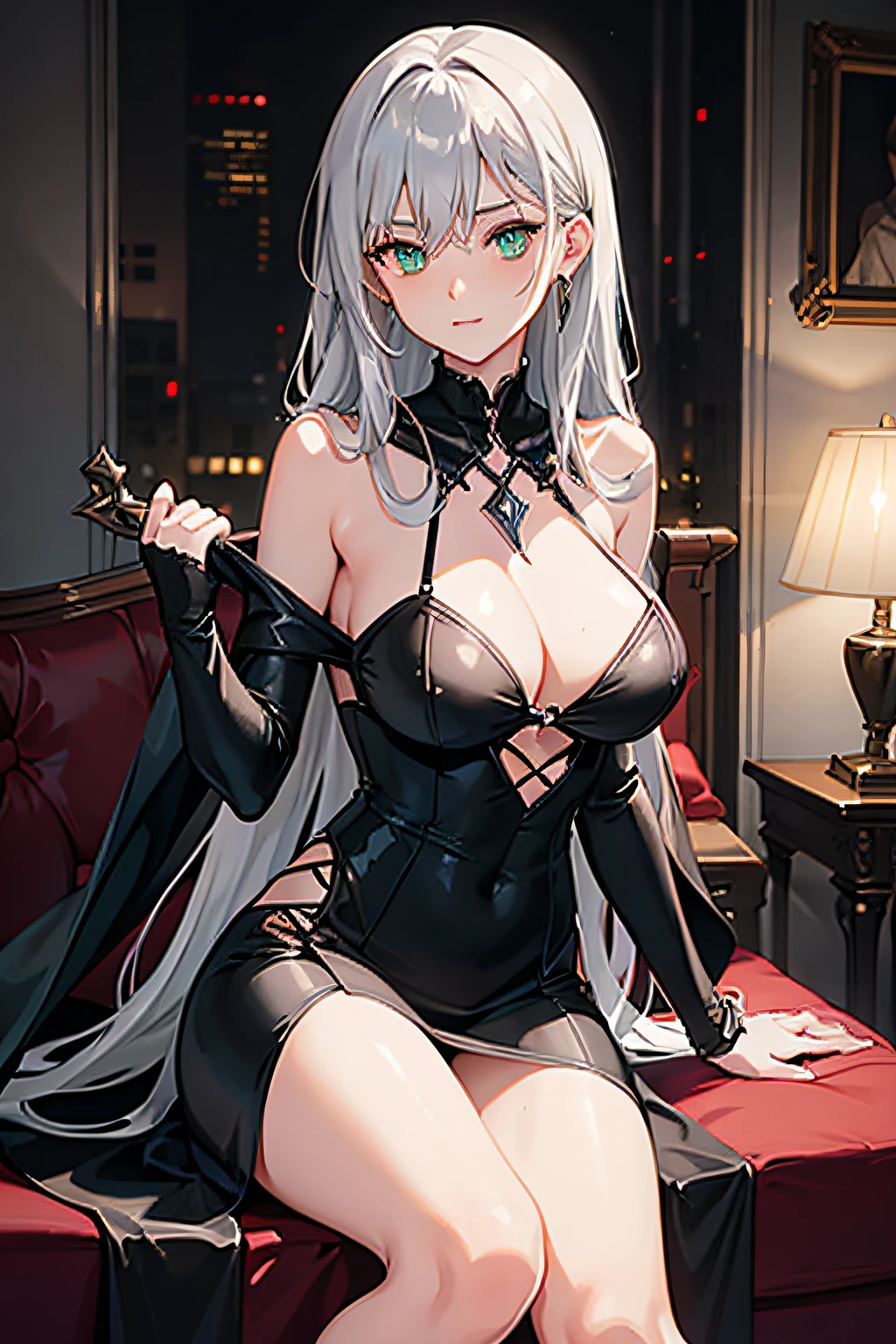 1woman, sexy, witch costume, long silver hair, sharp green eyes, large chest. black dress, night, dark room. shadows, living room