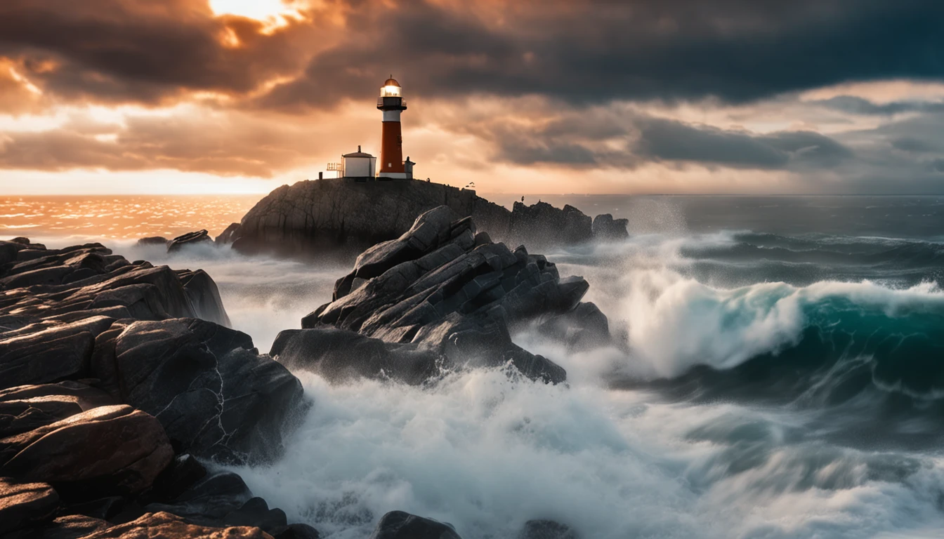 an isolated iron lighthouse shining light out to sea at night as it sits on a rocky stone island being battered by huge ocean waves, smoky orange clouds filling the sky, "symmetrical imag