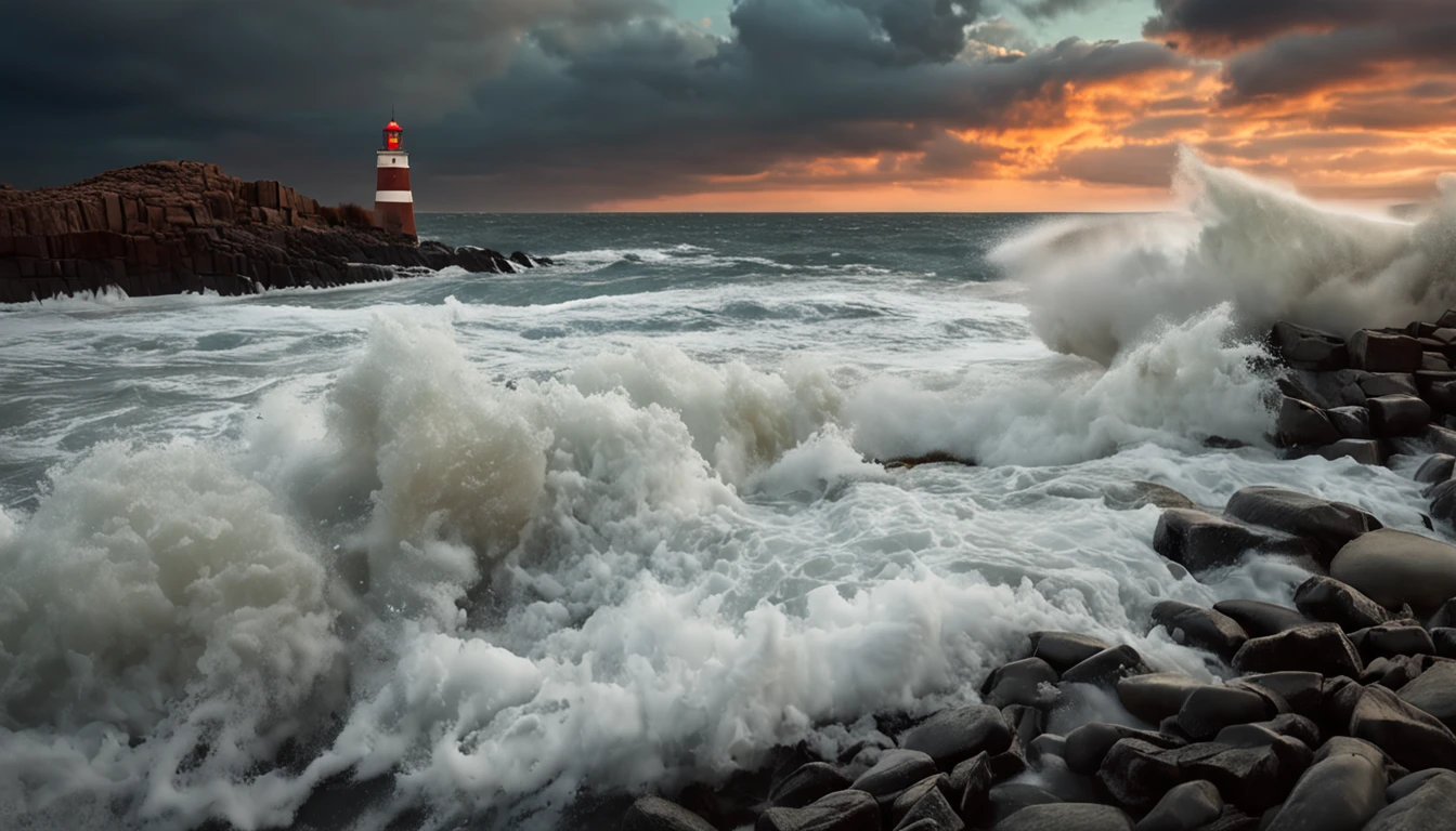 an isolated iron lighthouse shining light out to sea at night as it sits on a rocky stone island being battered by huge ocean waves, smoky orange clouds filling the sky, "symmetrical imag