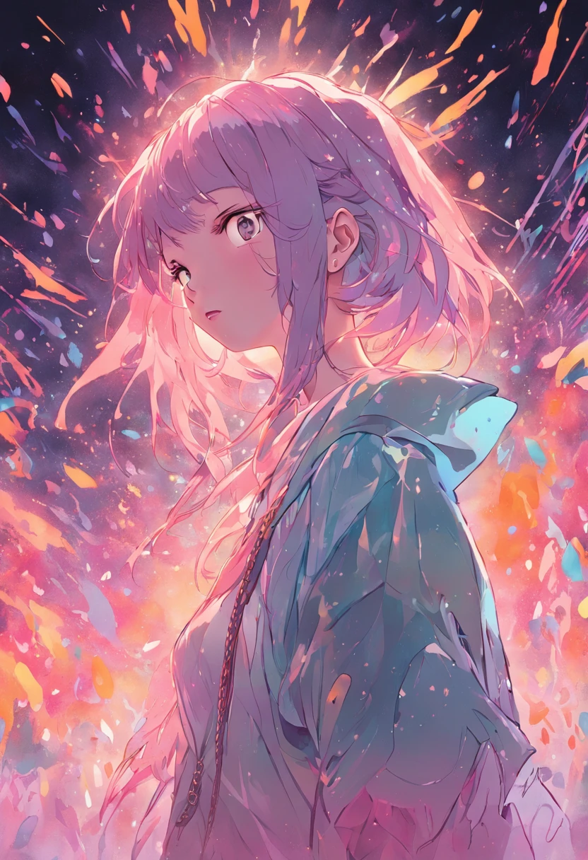 a woman, luminous design, pastel colours, ink drips, ((masterpiece:1.3)), ((best quality:1.3)), ((ultra_detailed:1.3)), DJ, close-up shot of upper body, observing the crowd
