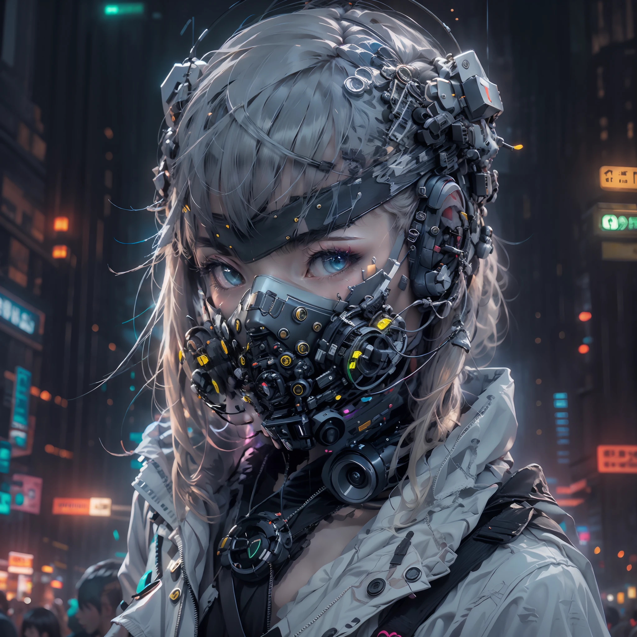 1girl, wear a cyberpunk mask, Neon mask, Detail mask, retrato do rosto, tiro de close up |, de cima, cidade cyberpunk