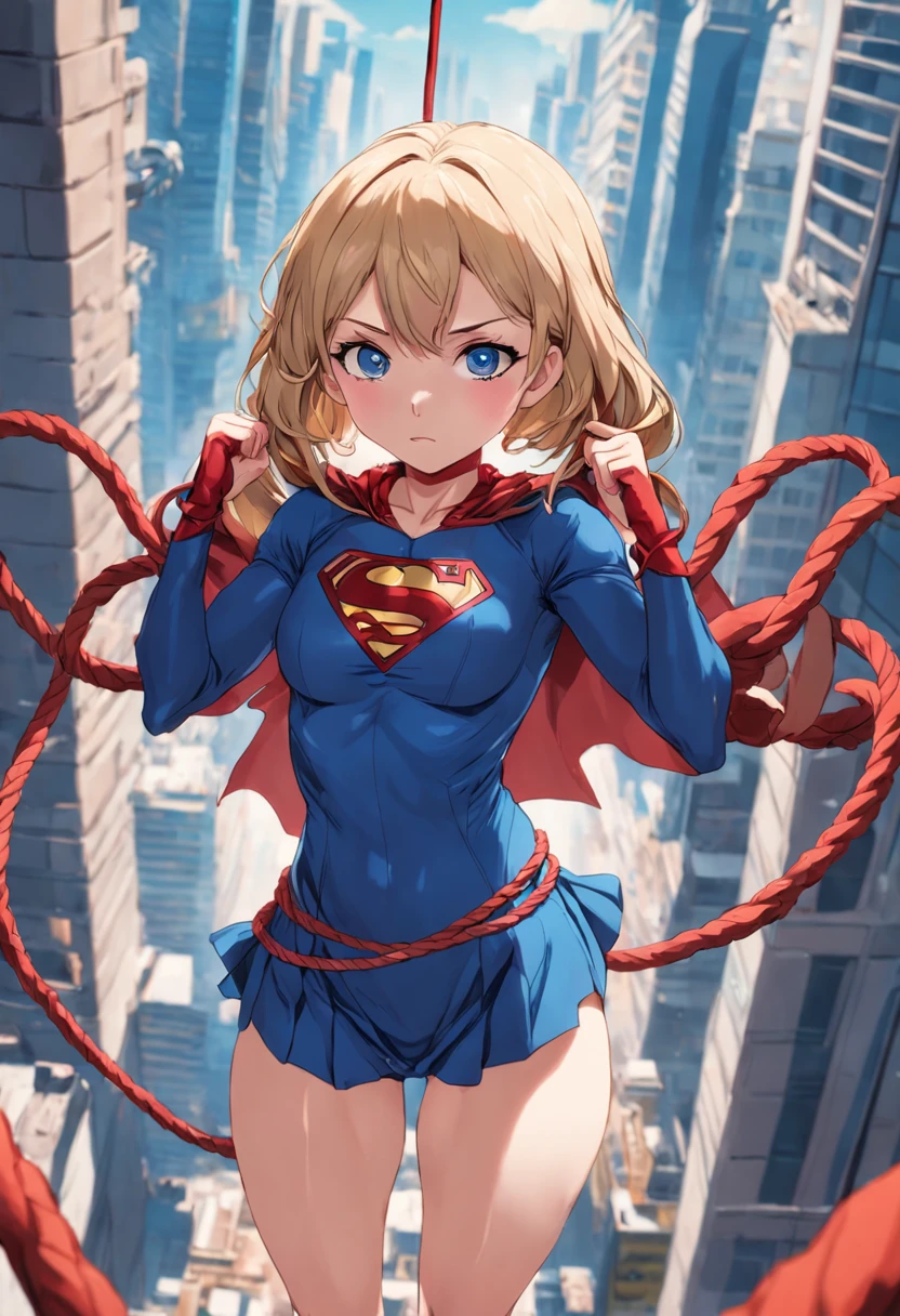 Girl hanging by a bare rope her body is supported by a bondage style rope that passes in the middle of it , cosplay da supergirl , sendo (((penetrada por um tentaculo en sua vagina)))