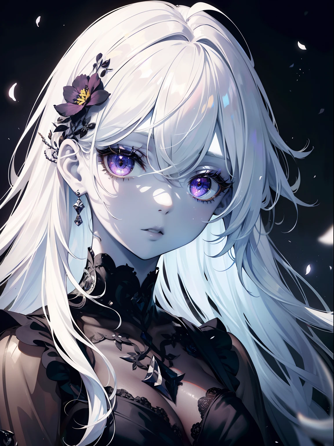 (Masterpiece, Best Quality, Ultra High Resolution),1girl,((colored skin,pale skin)), beautiful and detailed face, detailed eyes,silver hair, black flowers, flowers on hair,dress