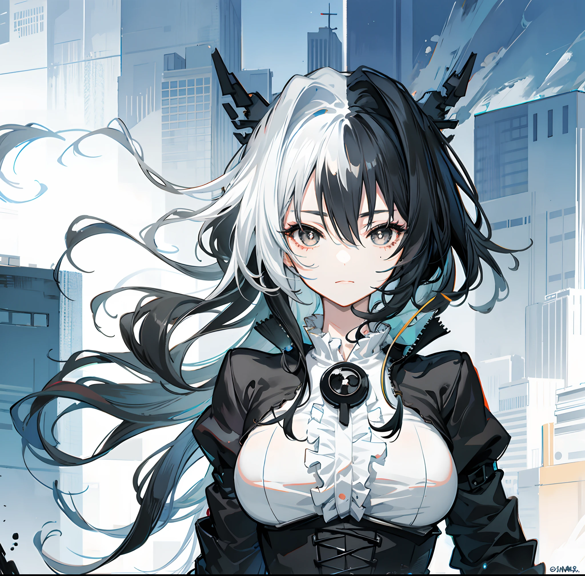 Extremely cute anime girl with long black and white hair and black eyes，She has bangs，Anime style shadows，Cute and natural anime face，perfect anime face，thick black lineart。