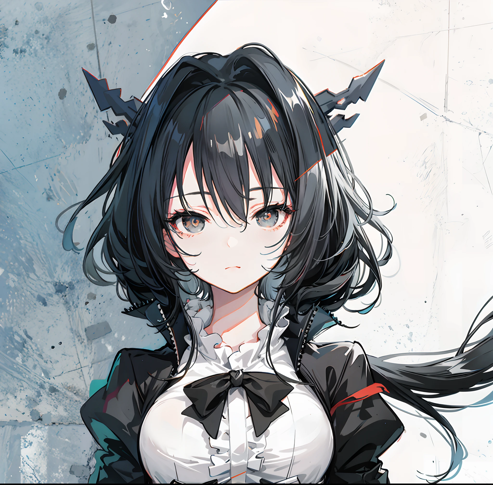 Extremely cute anime girl with long black and white hair and black eyes，She has bangs，Anime style shadows，Cute and natural anime face，perfect anime face，thick black lineart。