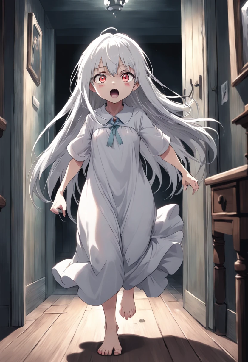 Anime, white hair, long hair, gray silver white eyes, barefoot, white shirt, plain Gown, in a Haunted house horror, li, petite body, hor cinematic, :<, scared, running with the goriest monster behind her