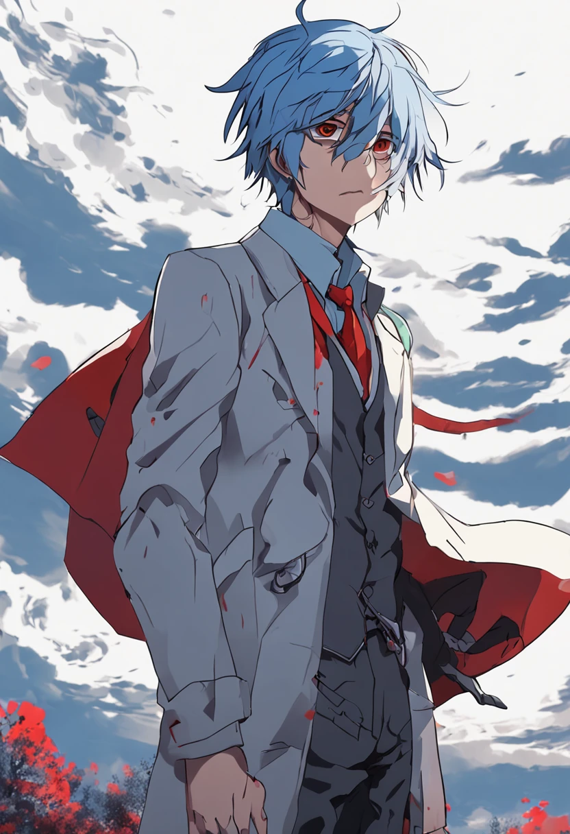 Anime boy with blue hair and red eyes standing in front of an overcast sky, anime moe artstyle, estilo anime 4K, Estilo de arte ufotable, Foto de perfil de Rimuru Tempest, Tempestade Rimuru, foto de rosto completo de Rimuru tempest, Papel de parede anime 4k, arte anime de alta qualidade, 4 k manga wallpaper, hd anime wallaper, badass anime