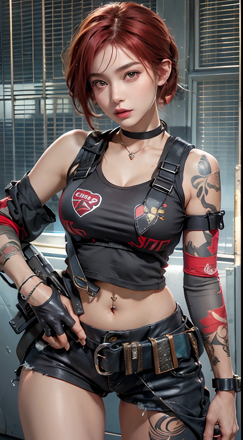 photorealistic, high resolution, 1women, solo, hips up, look at viewer, (detailed face), red hair, swat vest, gun, jewelry , short hair, ponytails, crop tops, belly tattoos, piercings, big boobs